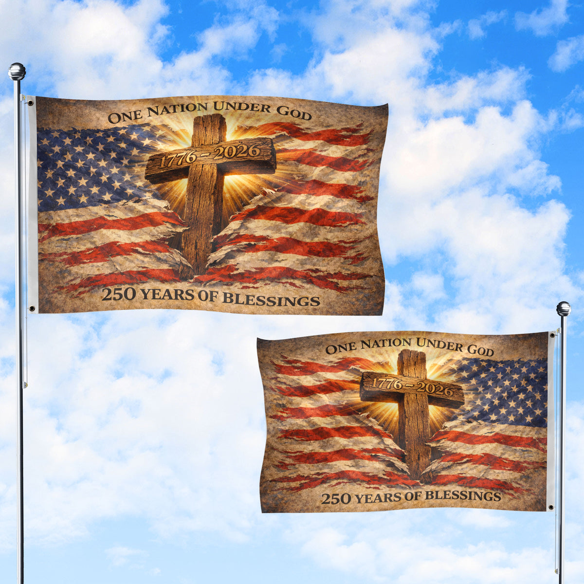 One Nation Under God 250th Anniversary Flag (1776–2026) – Cross and American Flag Christian Patriotic Banner - Rust Field Wear