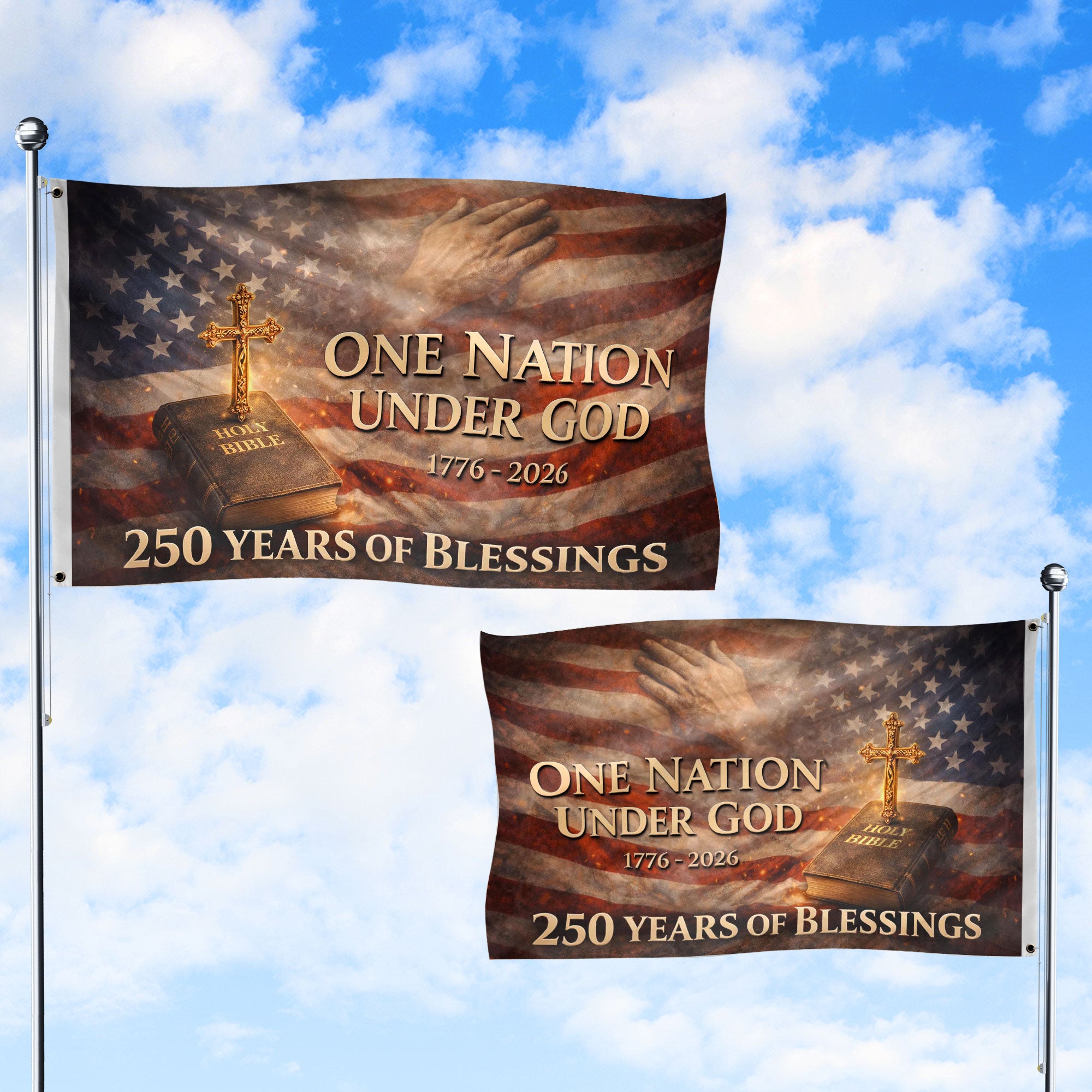 One Nation Under God 250th Anniversary 1776-2026 Patriotic Double Sided House Flag - 250 Years of Blessings Holy Bible & Cross Banner
