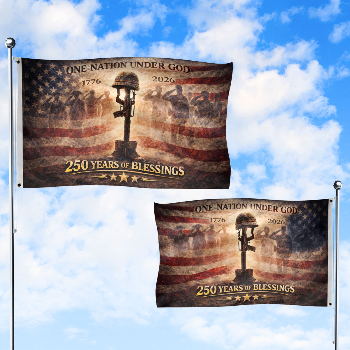250 Years America Anniversary Military Flag, Double Sided House Banner - Fallen Soldier Battle Cross 1776-2026 - Rust Field Wear