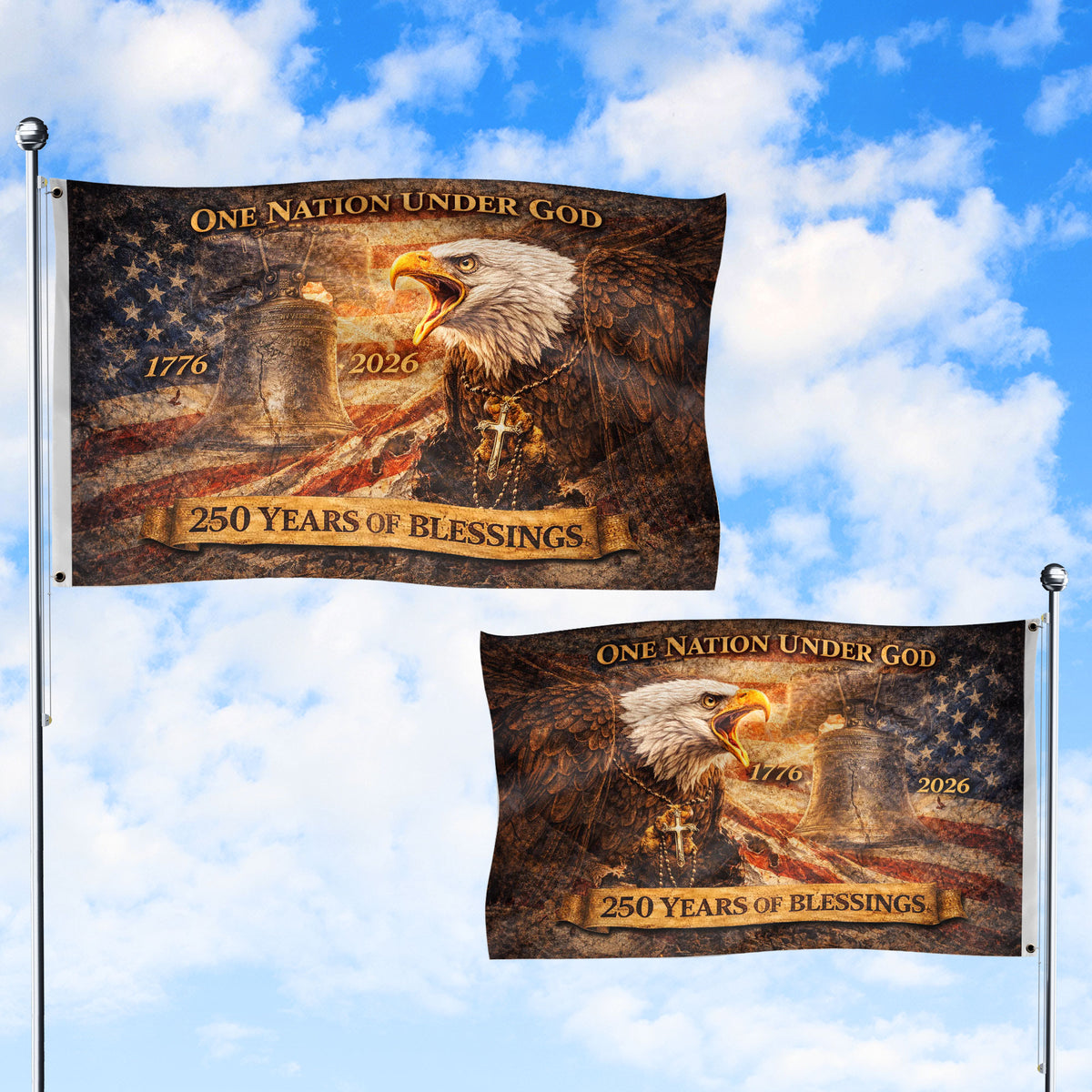 250 Years of Blessings USA Flag, Patriotic Eagle & Liberty Bell - 1776-2026 Double-Sided Banner - Rust Field Wear