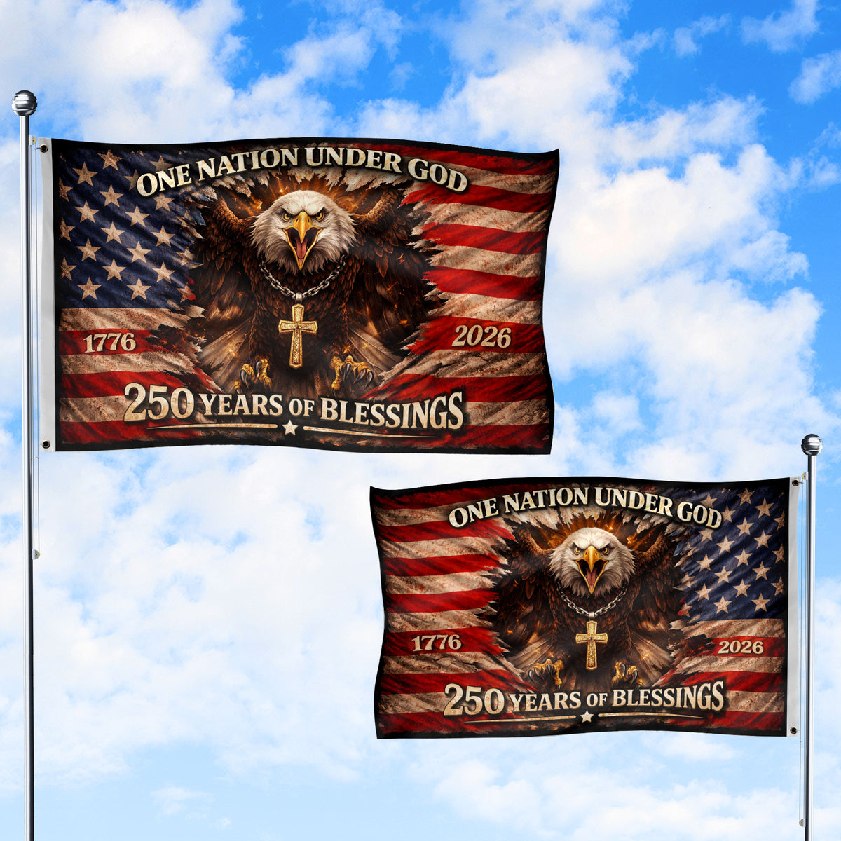 One Nation Under God 250th Anniversary Flag (1776–2026) – Bald Eagle and Cross Patriotic Christian Banner - Rust Field Wear