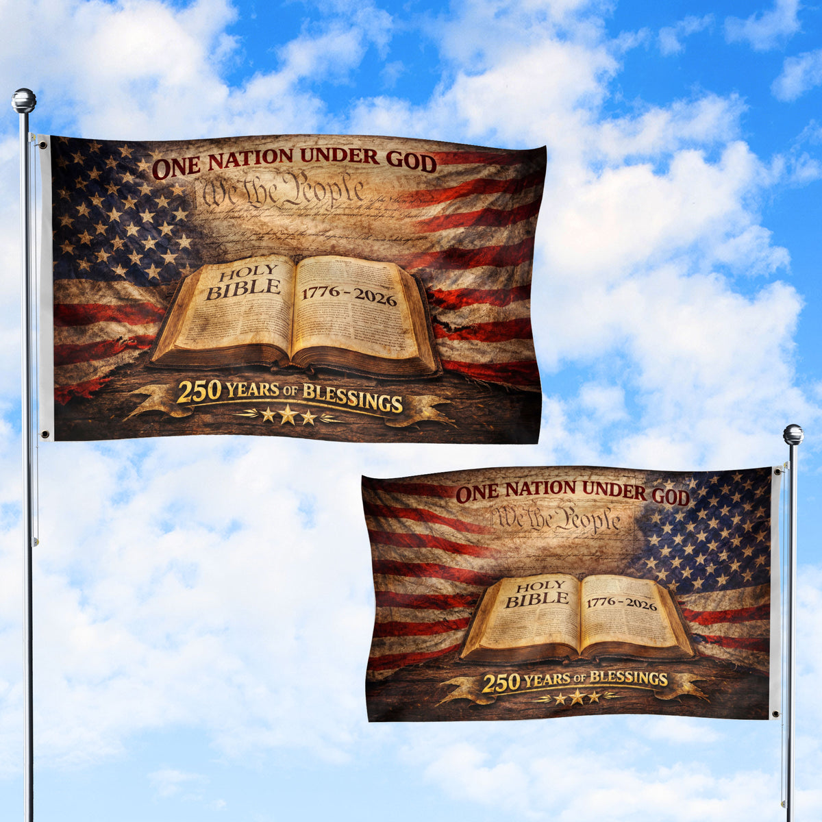 One Nation Under God 250th Anniversary Flag (1776–2026) – Holy Bible and We the People Patriotic Christian Banner - Rust Field Wear