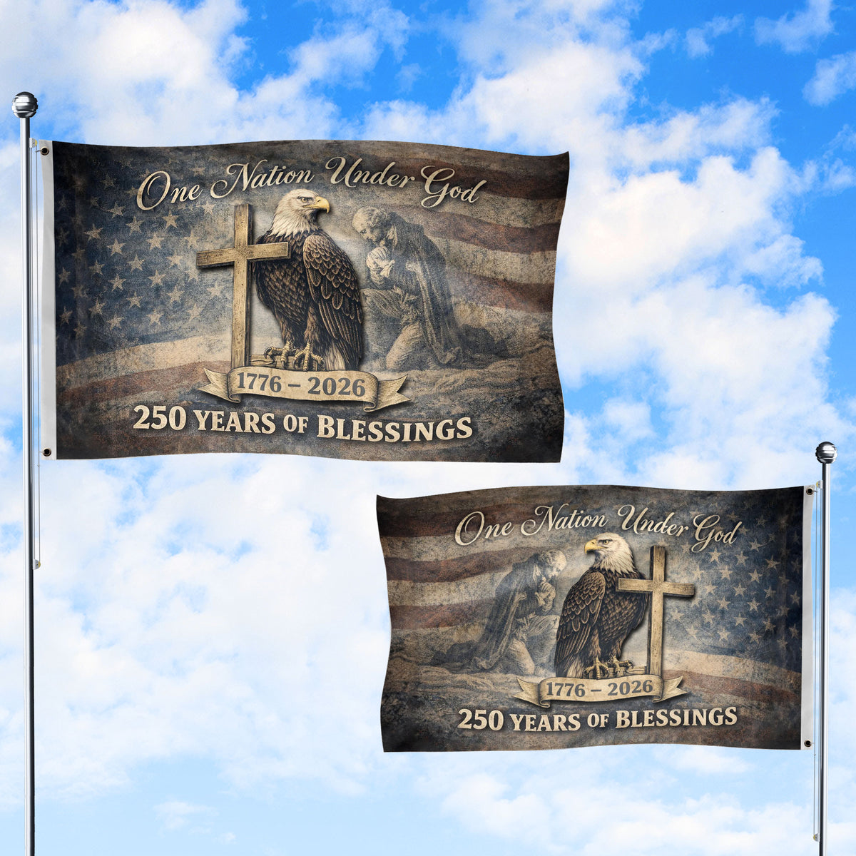 250th Anniversary Cross & Eagle, One Nation Under God 250 Years of Blessings USA Flag - Double Sided Premium House Flag - Rust Field Wear
