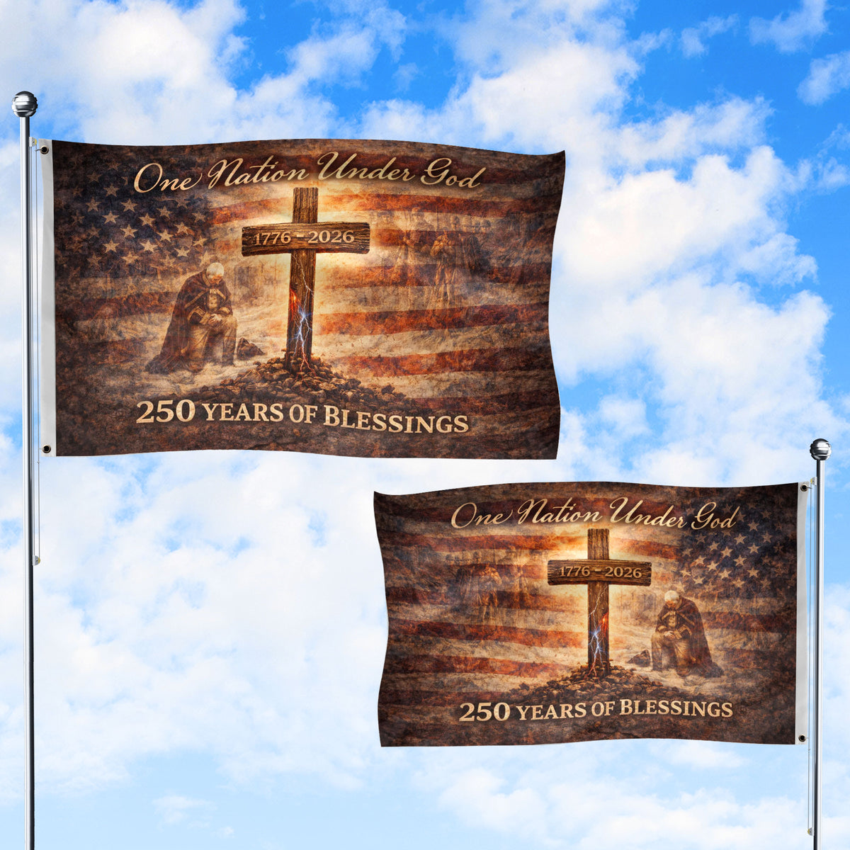 250 Years America Anniversary Flag, One Nation Under God 250 Years of Blessings Decor - Double Sided Faith & Patriotic House Banner - Rust Field Wear