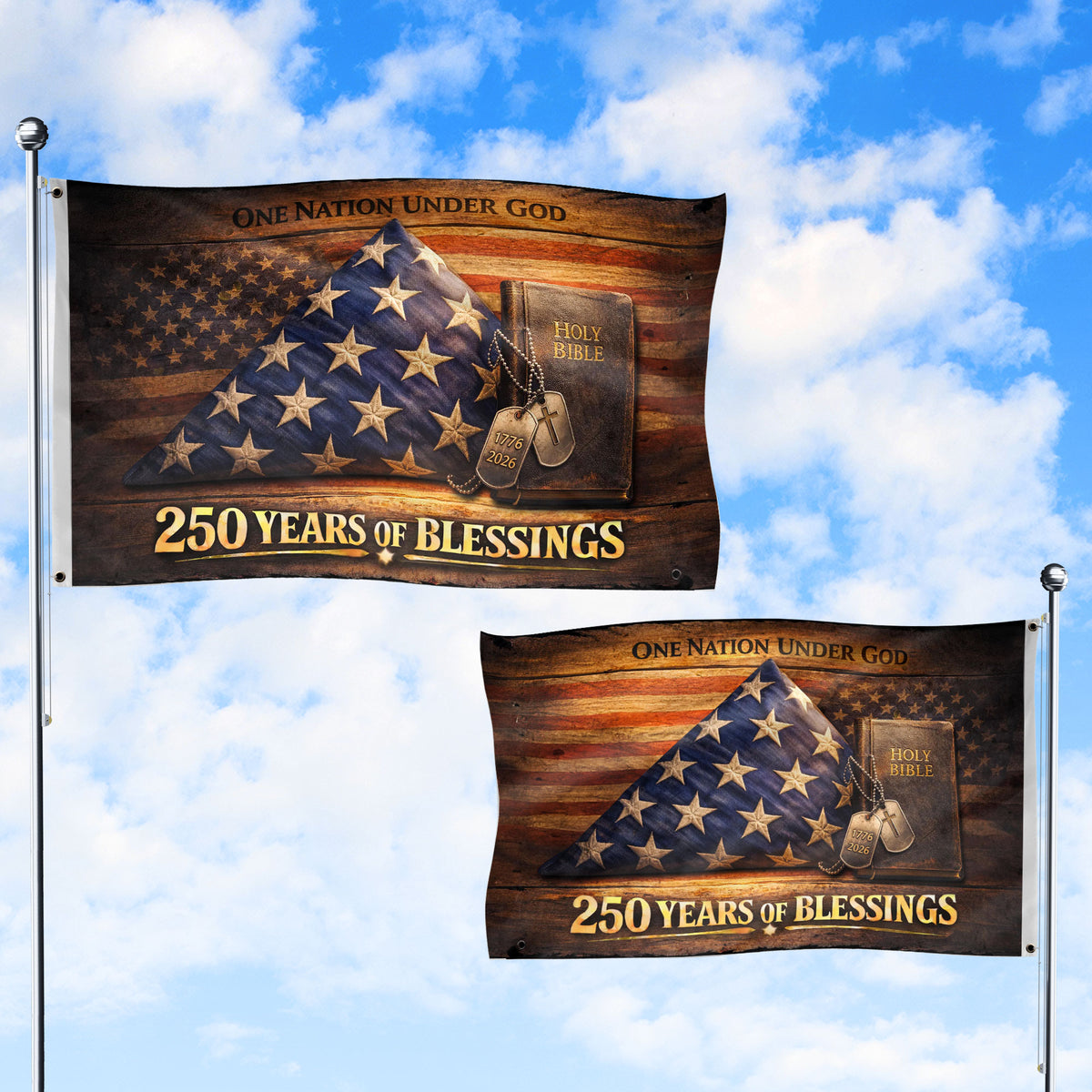 Christian 250 Years America Anniversary Flag, Holy Bible & One Nation Under God 1776-2026 - Double Sided Faith House Banner - Rust Field Wear