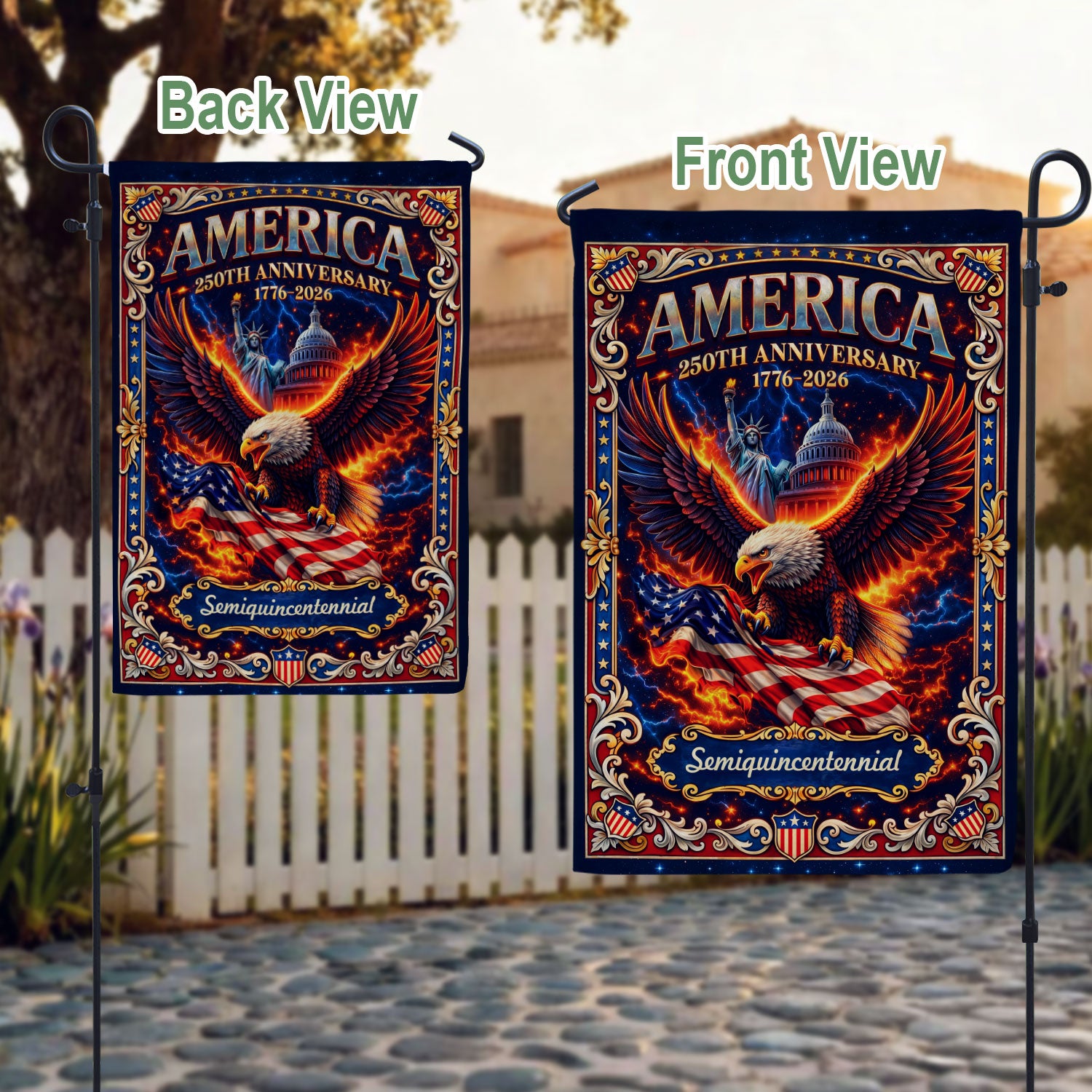 1776-2026 America 250th Anniversary Garden Flag – Bald Eagle & US Capitol Statue of Liberty 250 Years Double Sided Banner