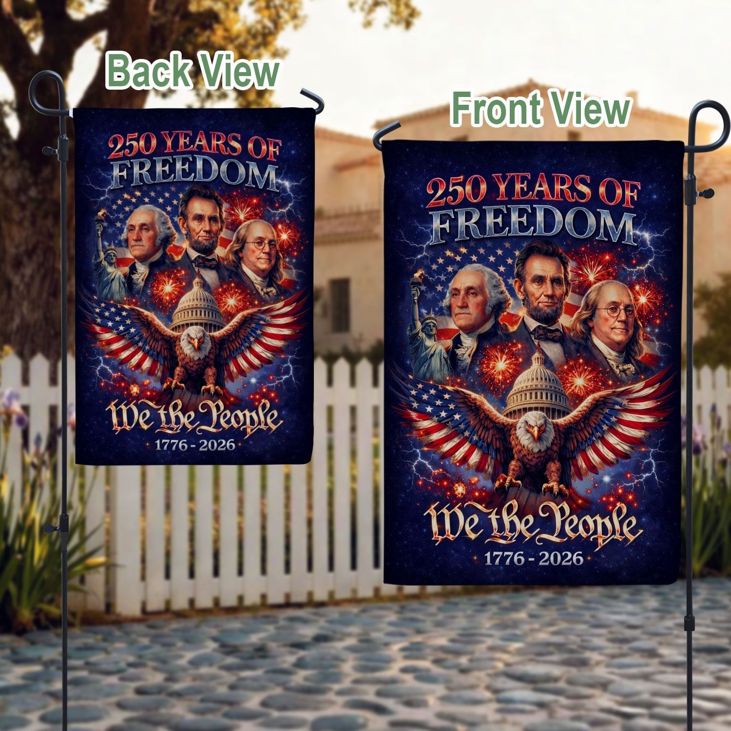 America 250 Years of Freedom 1776-2026 Garden Flag – Founders Washington Lincoln Franklin 250th Anniversary Double Sided Banner - Rust Field Wear
