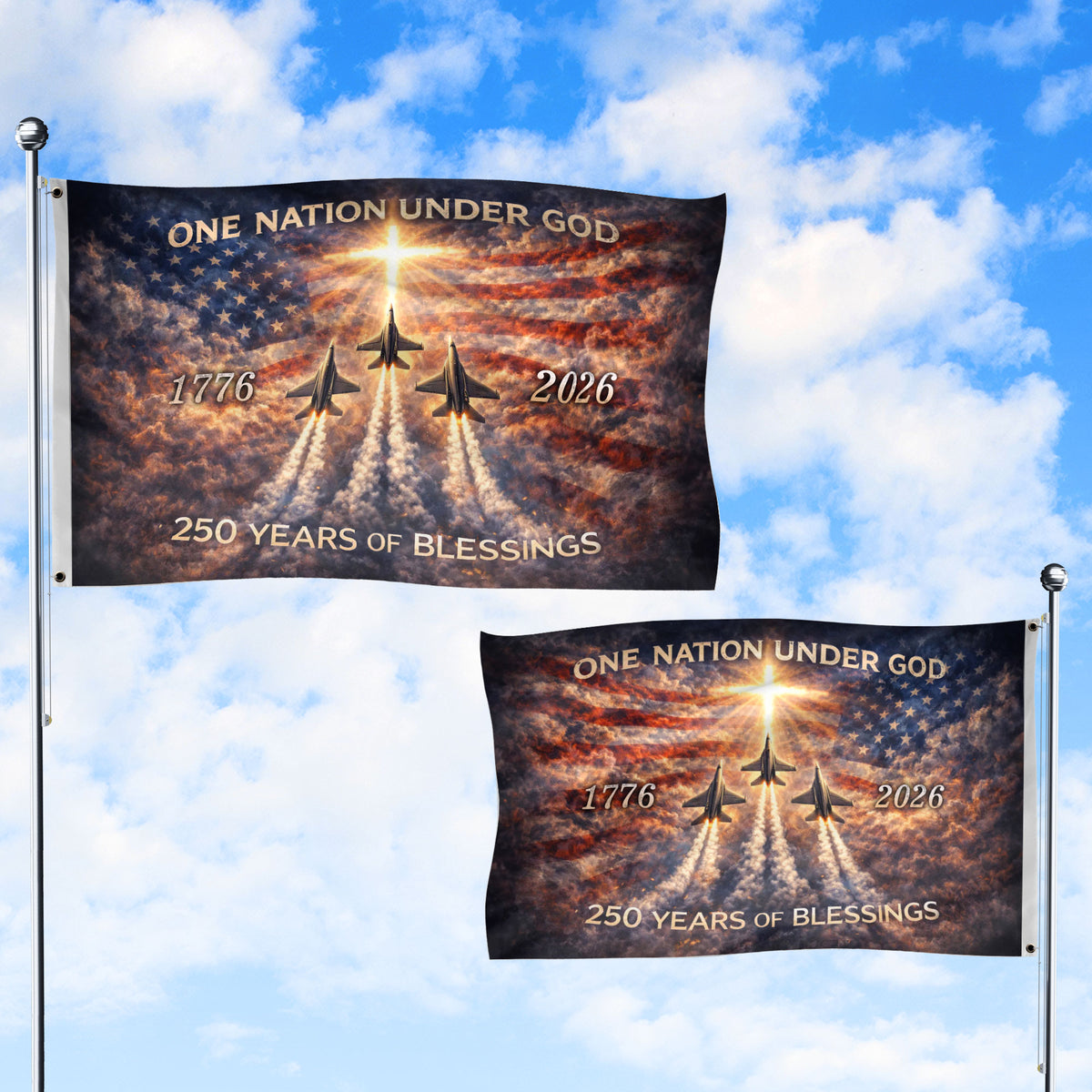 America 250th Anniversary Flag 1776-2026 – One Nation Under God Fighter Jets Cross Double Sided Heavy Banner - Rust Field Wear