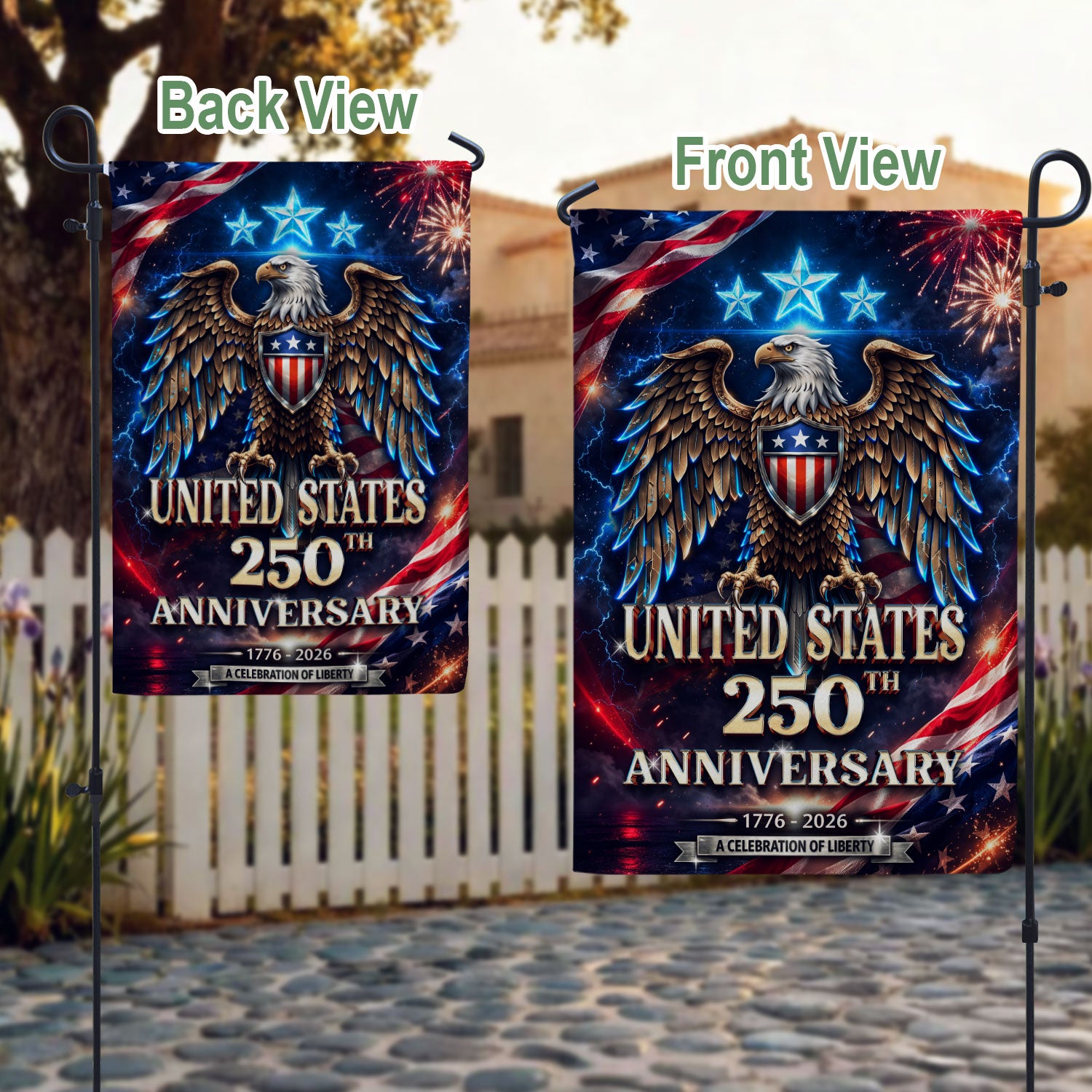 1776-2026 USA 250 Years 250th Anniversary Garden Flag – Bald Eagle & Fireworks Double Sided Patriotic Outdoor Banner