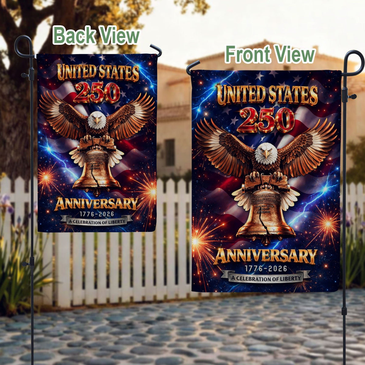 America 250th Anniversary 1776–2026 House Flag – Liberty Bell & Bald Eagle Lightning Fireworks Double Sided Outdoor Banner - Rust Field Wear