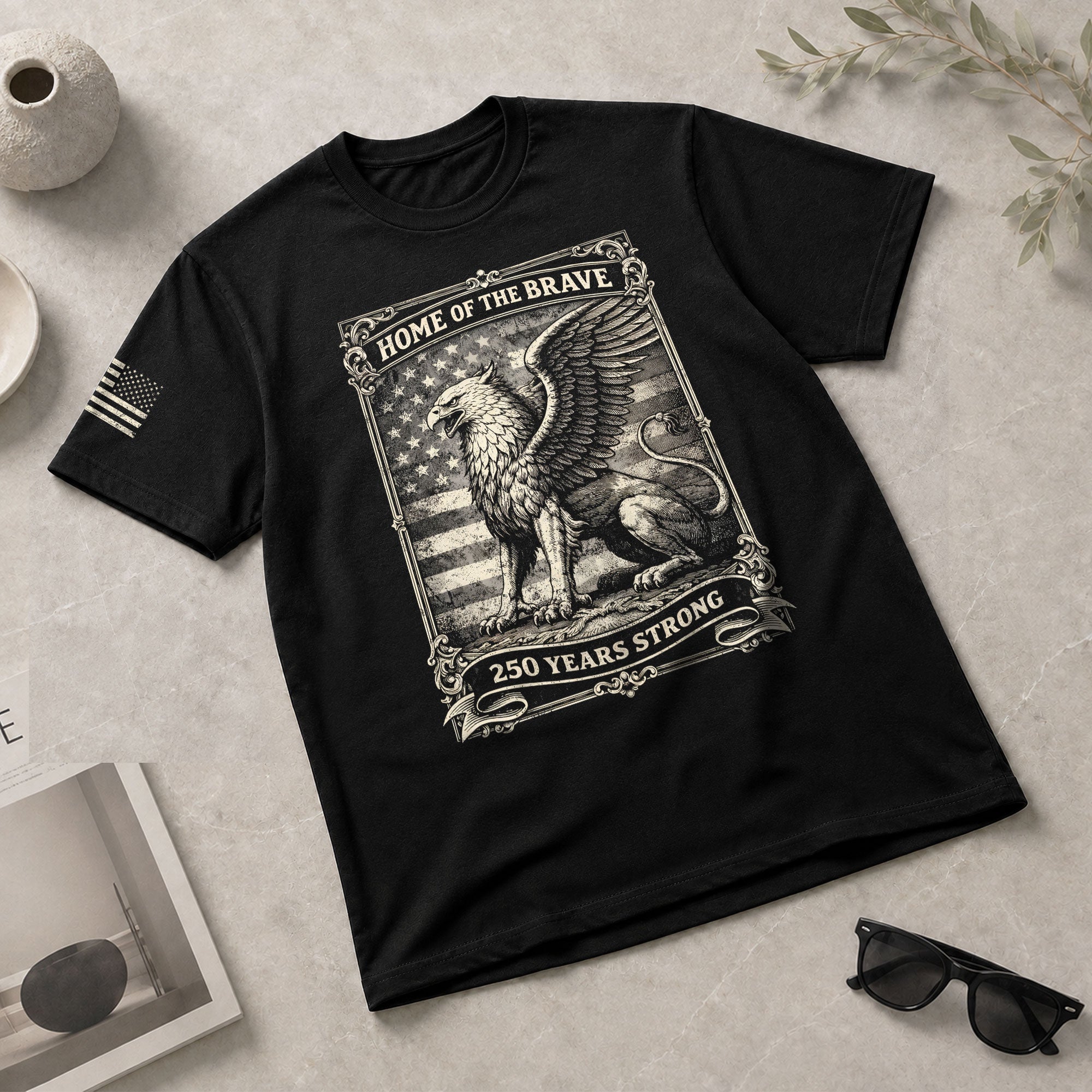 America 250th Anniversary T-Shirt 1776-2026 – Home of the Brave Griffin & Flag Tee - Rust Field Wear