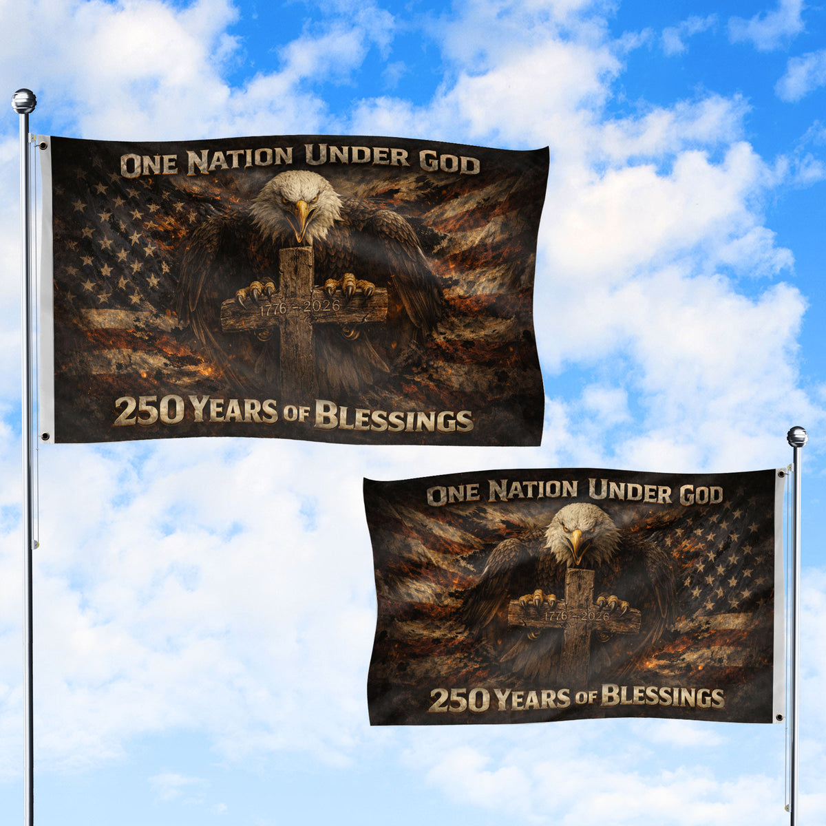 America 250th Anniversary Flag 1776-2026 – One Nation Under God Bald Eagle Cross 250 Years Double-Sided Banner - Rust Field Wear