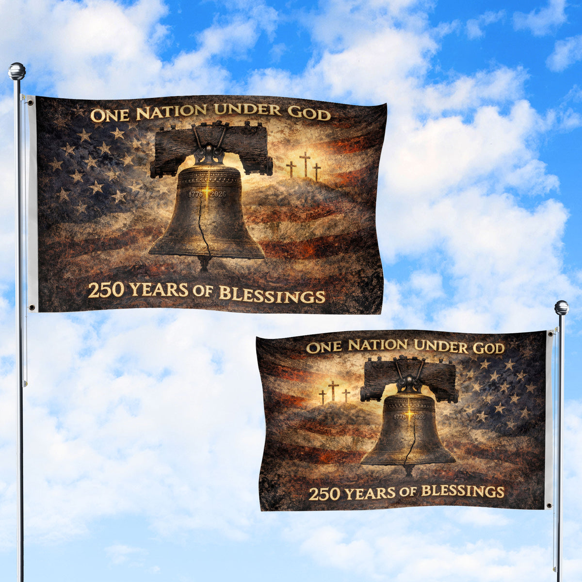 USA 250th Anniversary Flag 1776-2026 – Liberty Bell & Cross 250 Years of Blessings One Nation Under God Banner - Rust Field Wear