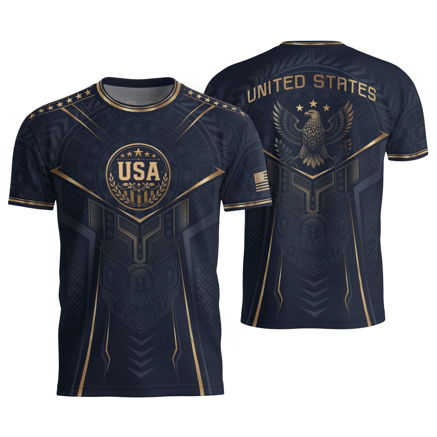 USA Soccer Jersey Navy Gold Eagle Shield Graphic Sports Tee for Soccer Fans