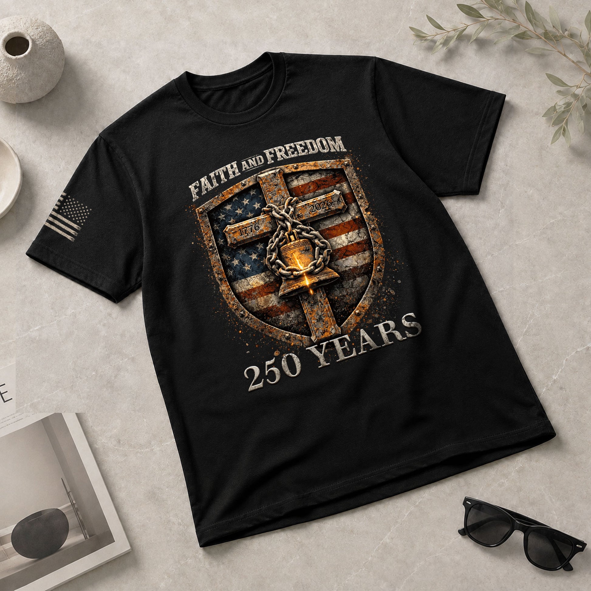 America 250th Anniversary T-Shirt 1776-2026 – Shield of Faith & Liberty Bell Christian Shirt - Rust Field Wear