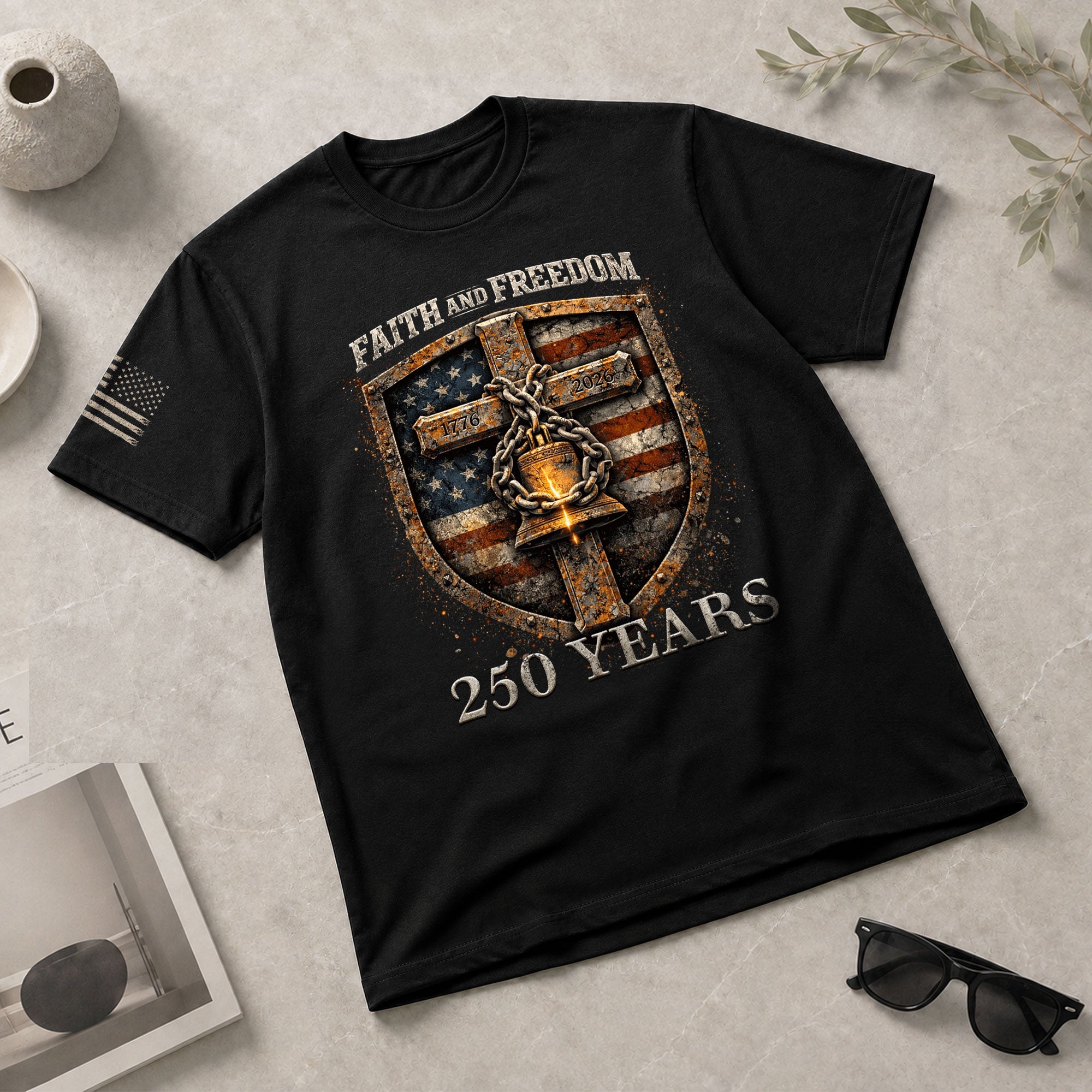 America 250th Anniversary T-Shirt 1776-2026 – Shield of Faith & Liberty Bell Christian Shirt - Rust Field Wear