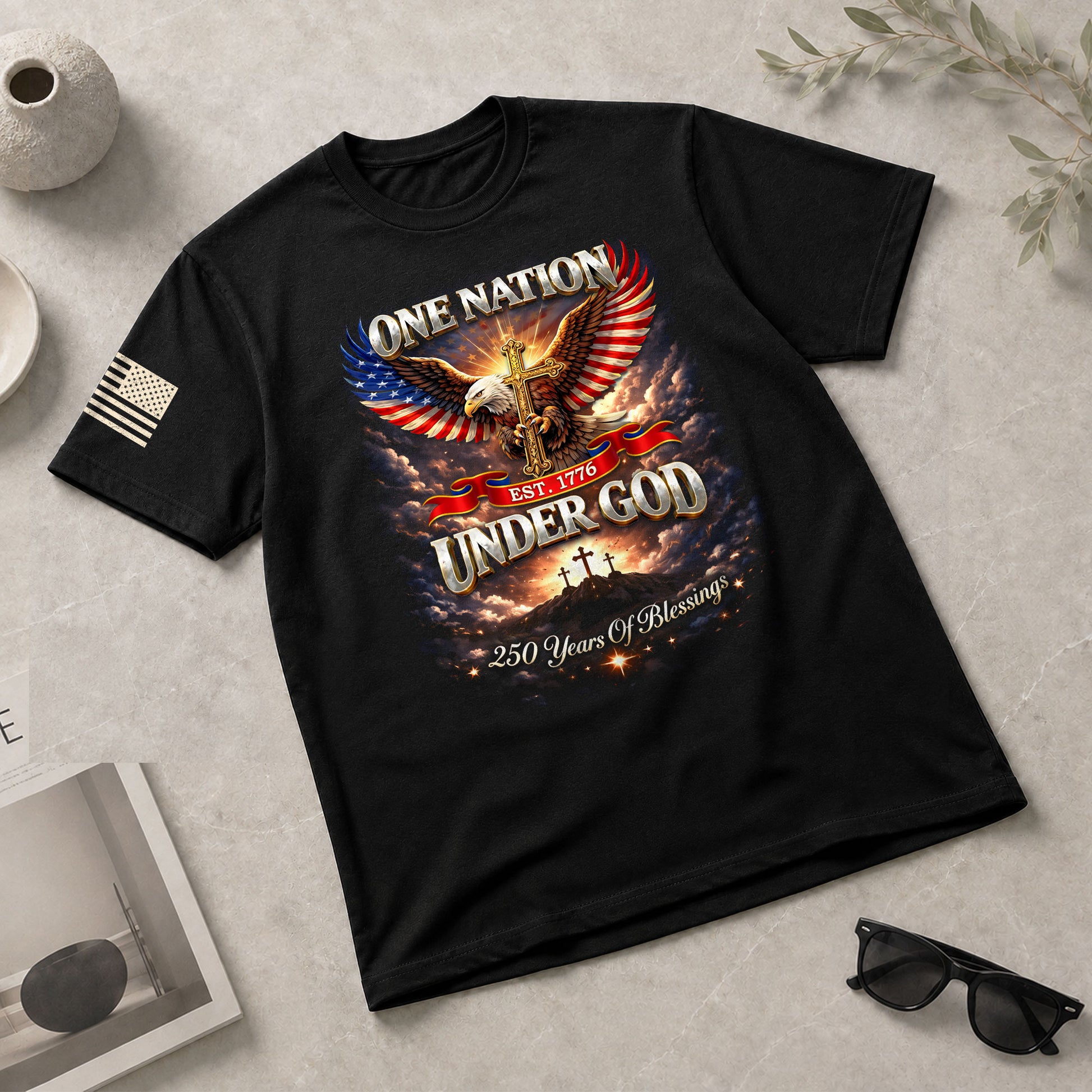 America 250th Anniversary 1776-2026 T-Shirt – 250 Years of Blessings Eagle Cross Patriotic Birthday Graphic Tee - Rust Field Wear