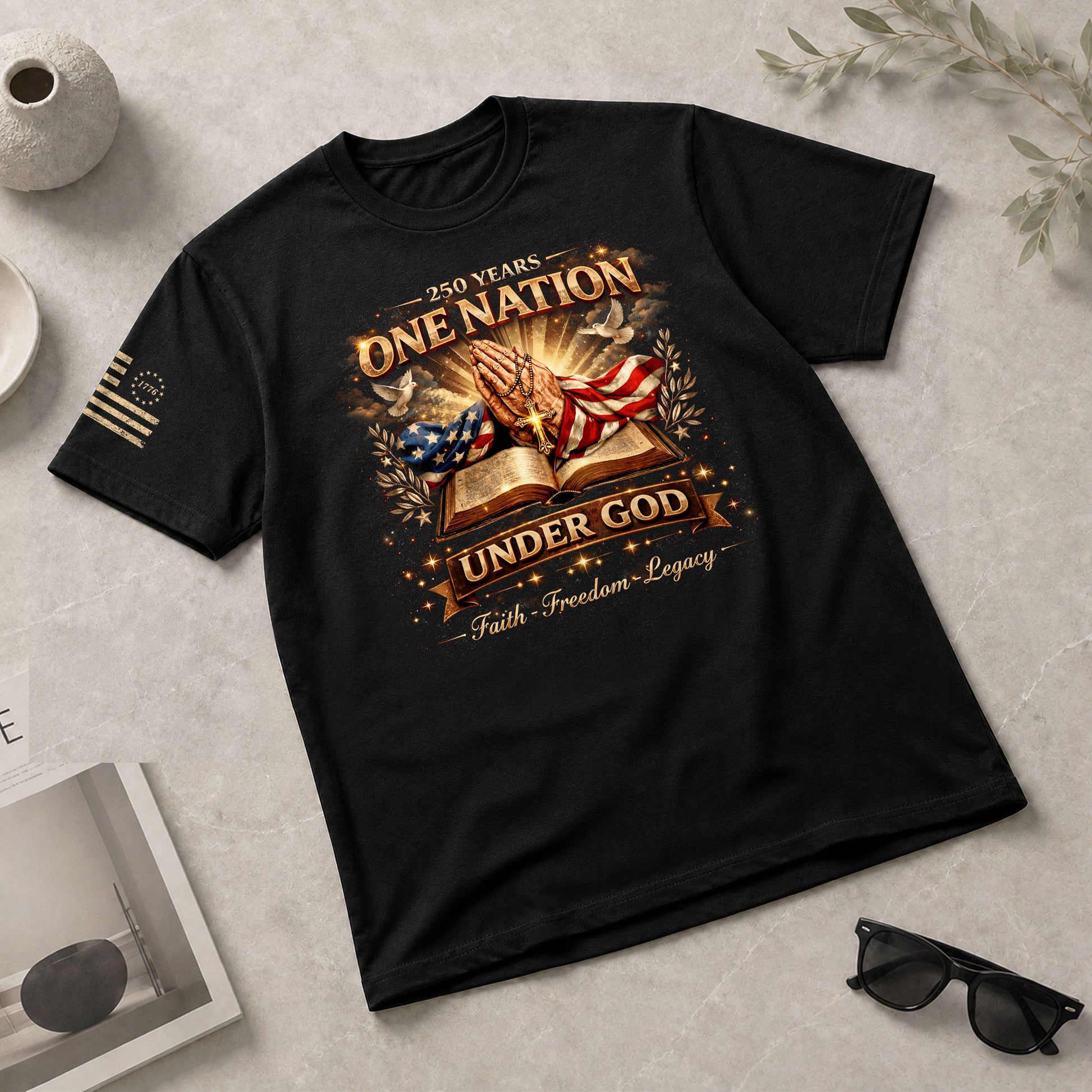 One Nation Under God 250th Birthday of America 1776-2026 T-Shirt – Faith Freedom Legacy Praying Hands Patriotic Merchandise - Rust Field Wear
