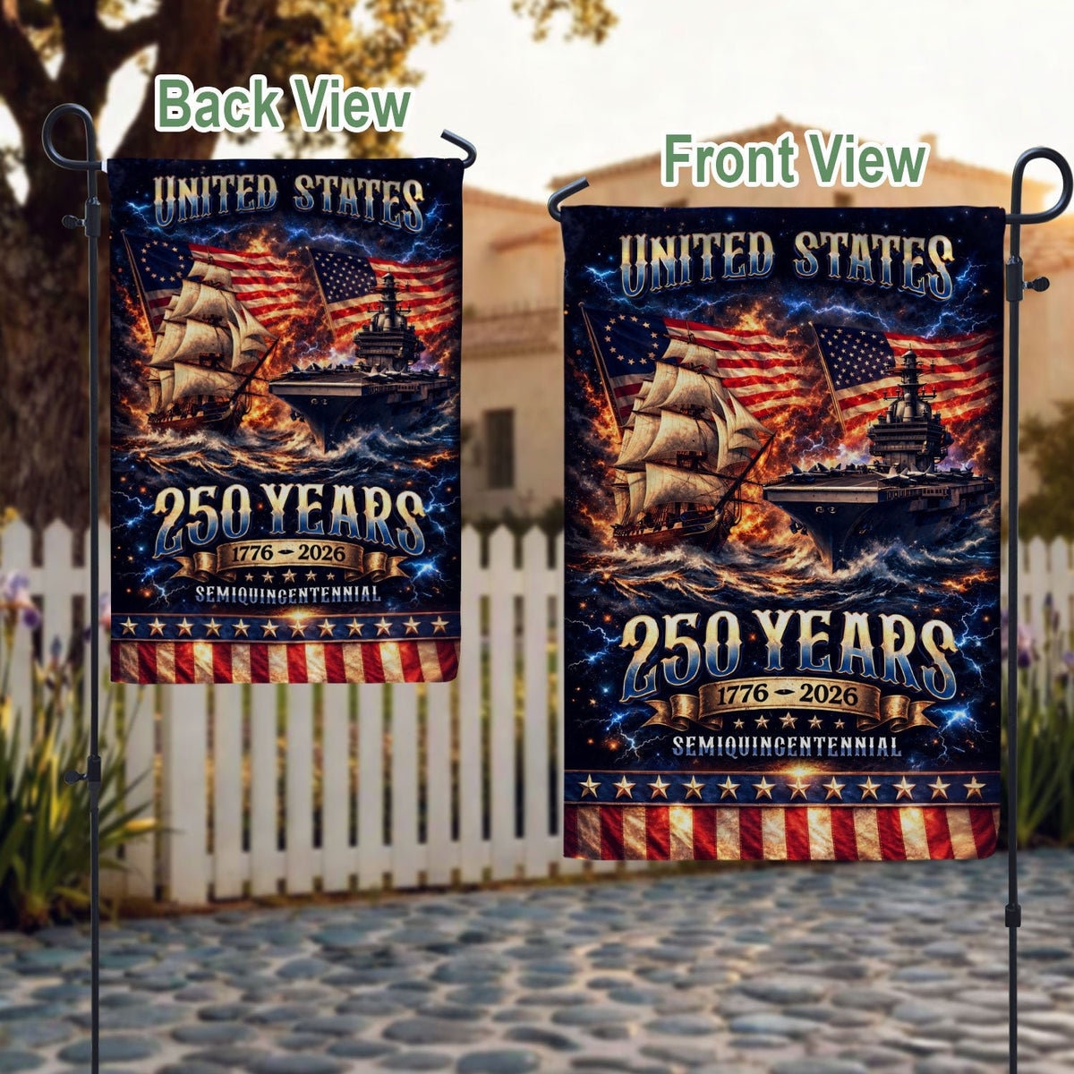 1776-2026 USA 250th Anniversary House Flag – Navy History & Modern Power Patriotic Double Sided Flag - Rust Field Wear