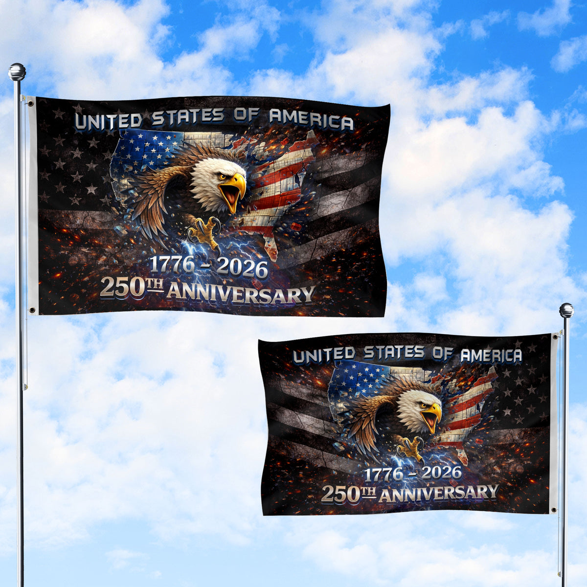 1776–2026 USA 250th Anniversary House Flag – Vintage Bootleg Eagle Lightning Patriotic Double Sided Flag - Rust Field Wear