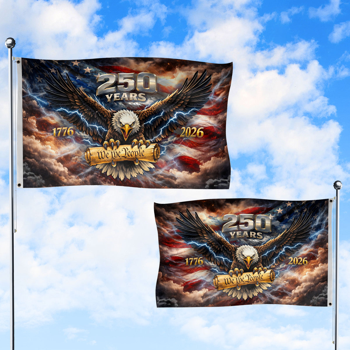 USA 250th Anniversary 1776–2026 House Flag – Vintage Bootleg Eagle We The People Lightning Double Sided Printing - Rust Field Wear