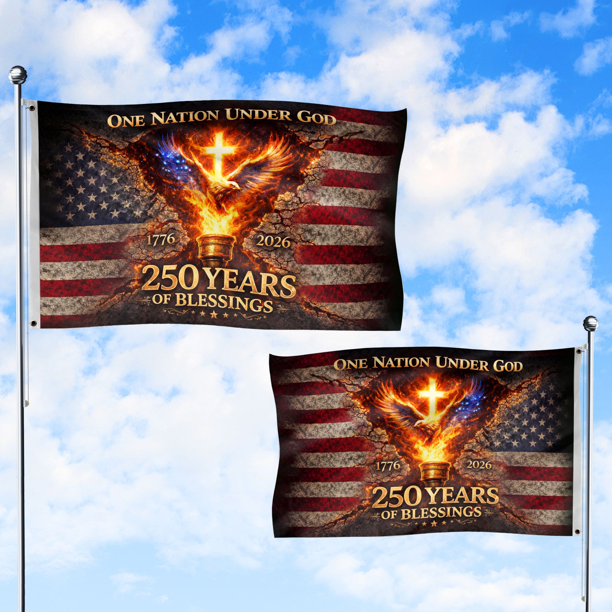 One Nation Under God 250 Years Flag 1776–2026 – Eagle & Cross Christian USA Double Sided House Flag - Rust Field Wear