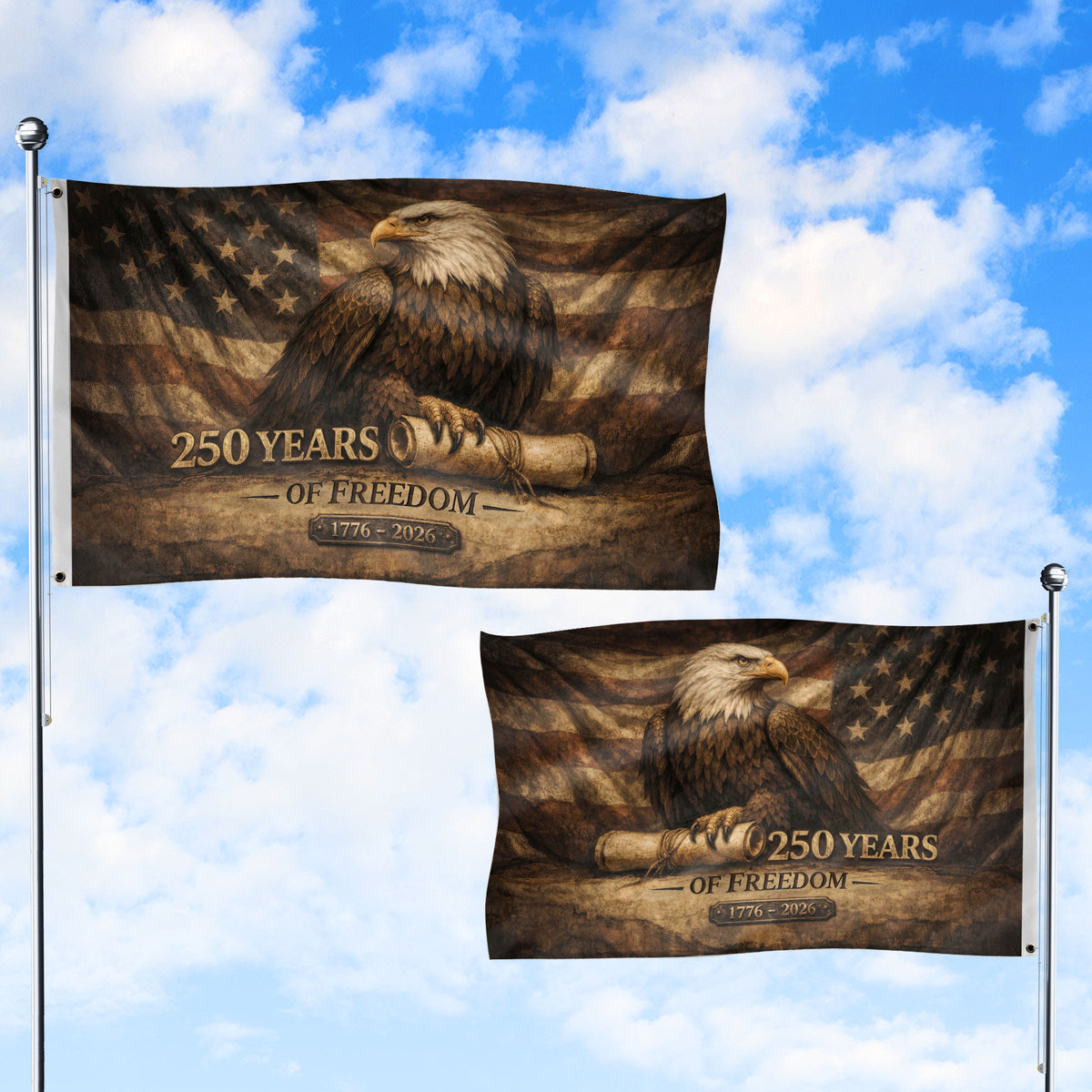 250 Years Of Freedom Flag 1776–2026 – Vintage Eagle Constitution Patriotic Banner - Rust Field Wear