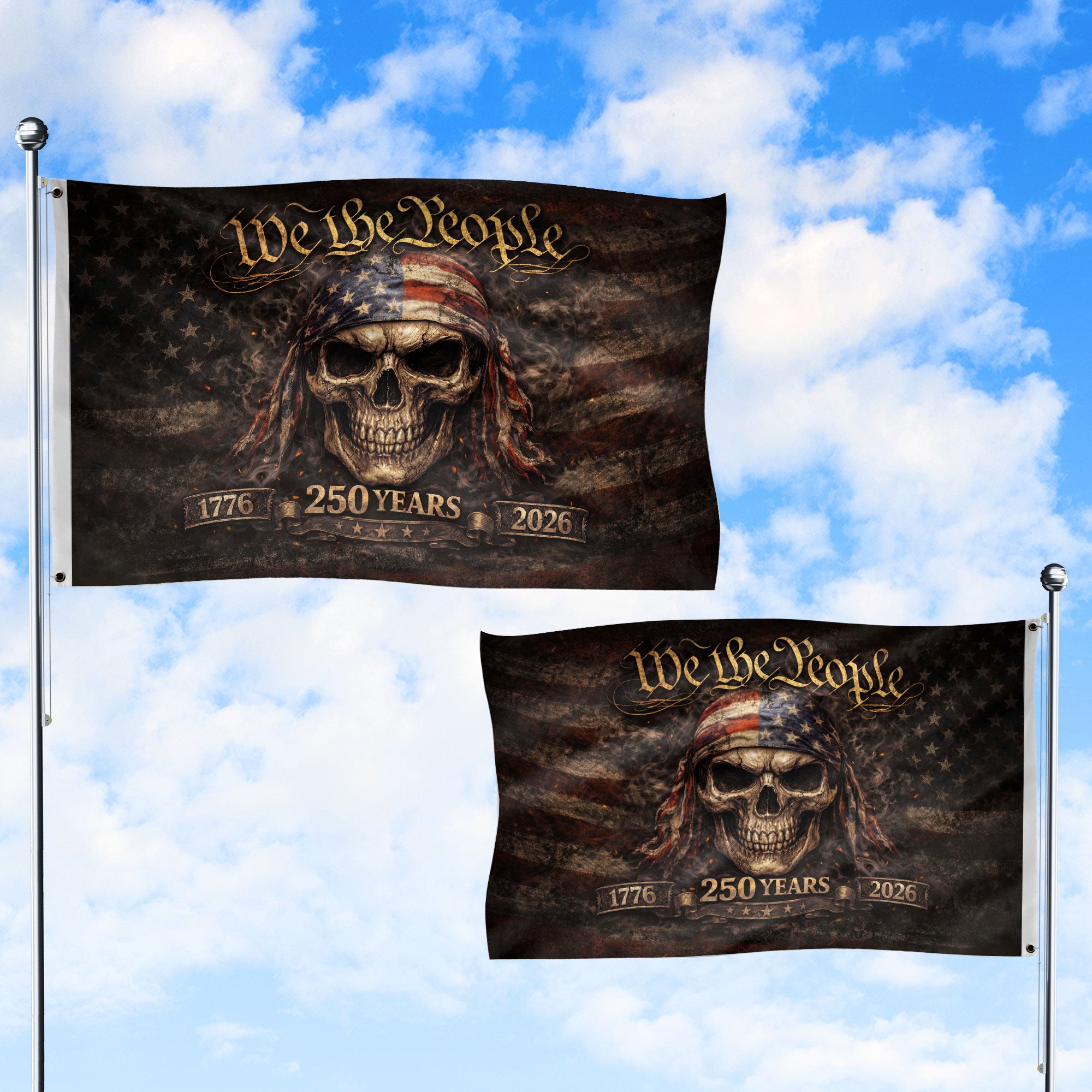 We The People 1776–2026 Flag – Patriotic Skull 250 Years House Flag - Rust Field Wear