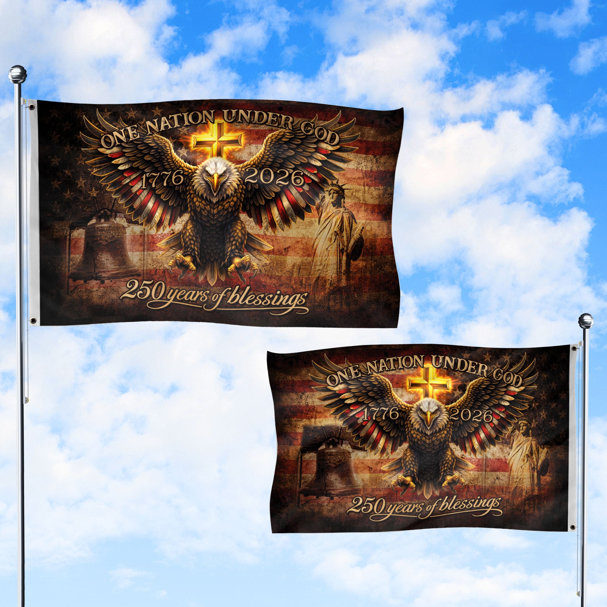250 Years of Blessings USA Flag 1776-2026 – Patriotic Eagle & Liberty Bell Statue of Liberty Double Sided Outdoor Flag