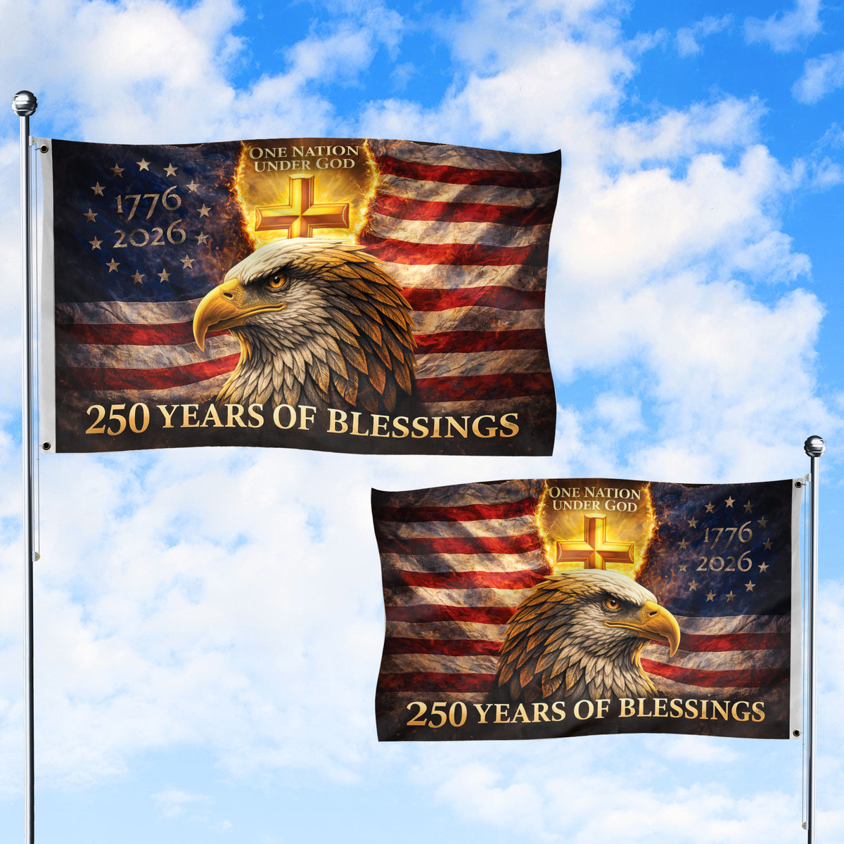 USA 250th Anniversary Eagle Flag 1776-2026 – One Nation Under God Christian Cross Double Sided Patriotic House Flag - Rust Field Wear