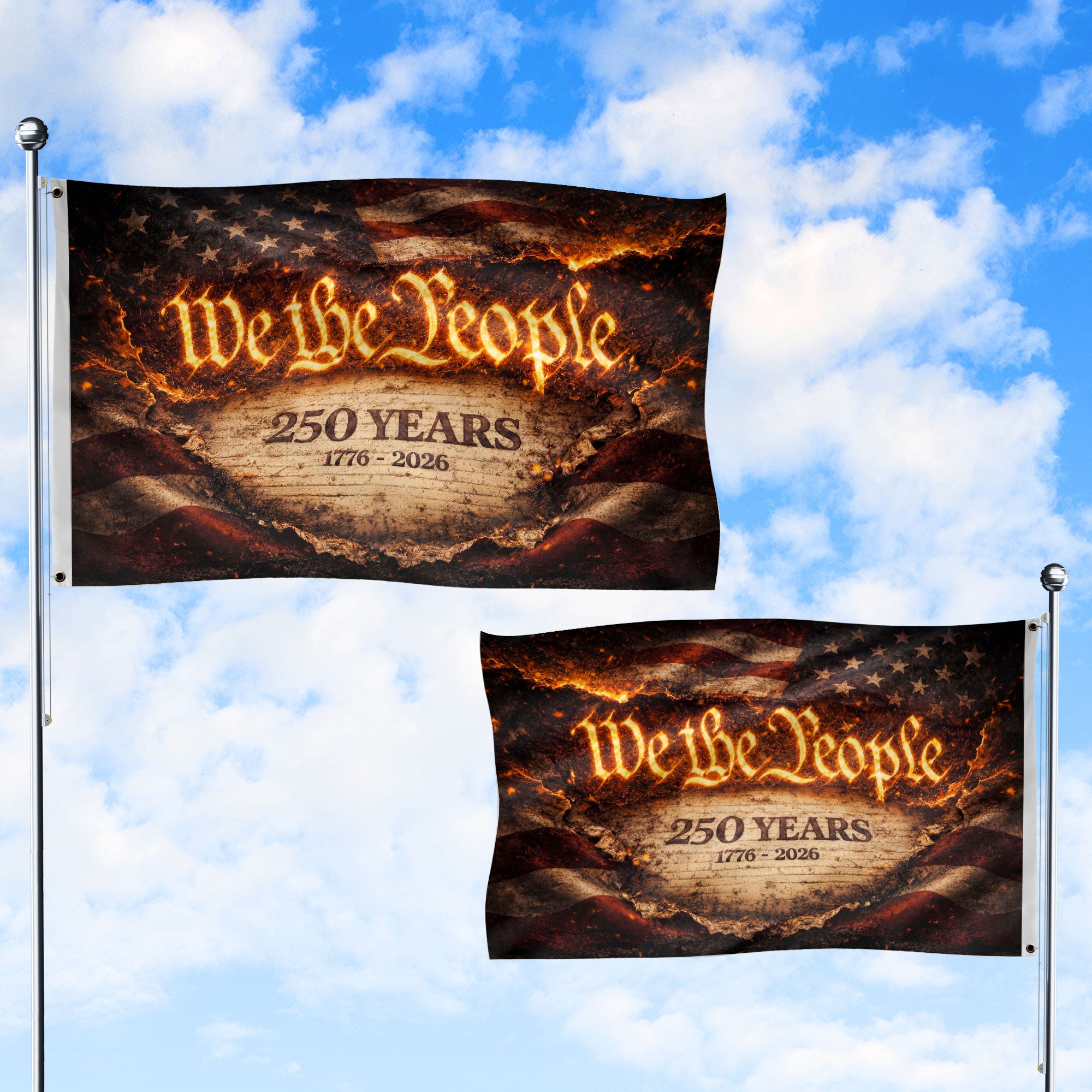 We The People 250 Years Flag 1776–2026 – Fire Style Patriotic Double Sided Yard Flag