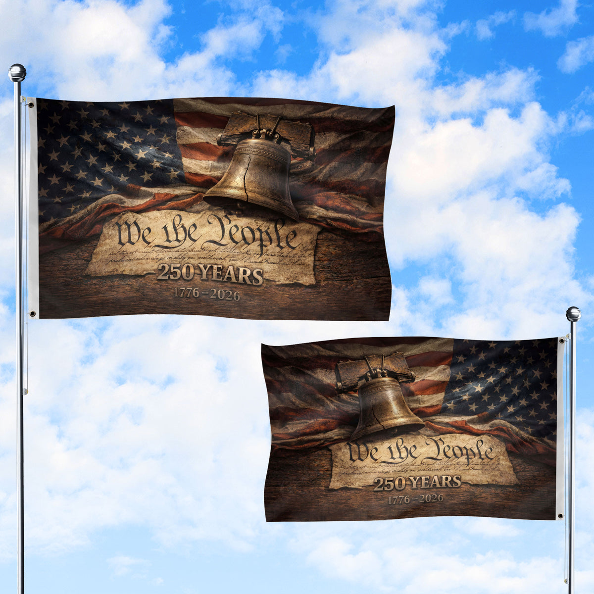 United States 250th Anniversary Flag 1776–2026 – Vintage Constitution & Liberty Bell Double Sided Patriotic Flag - Rust Field Wear