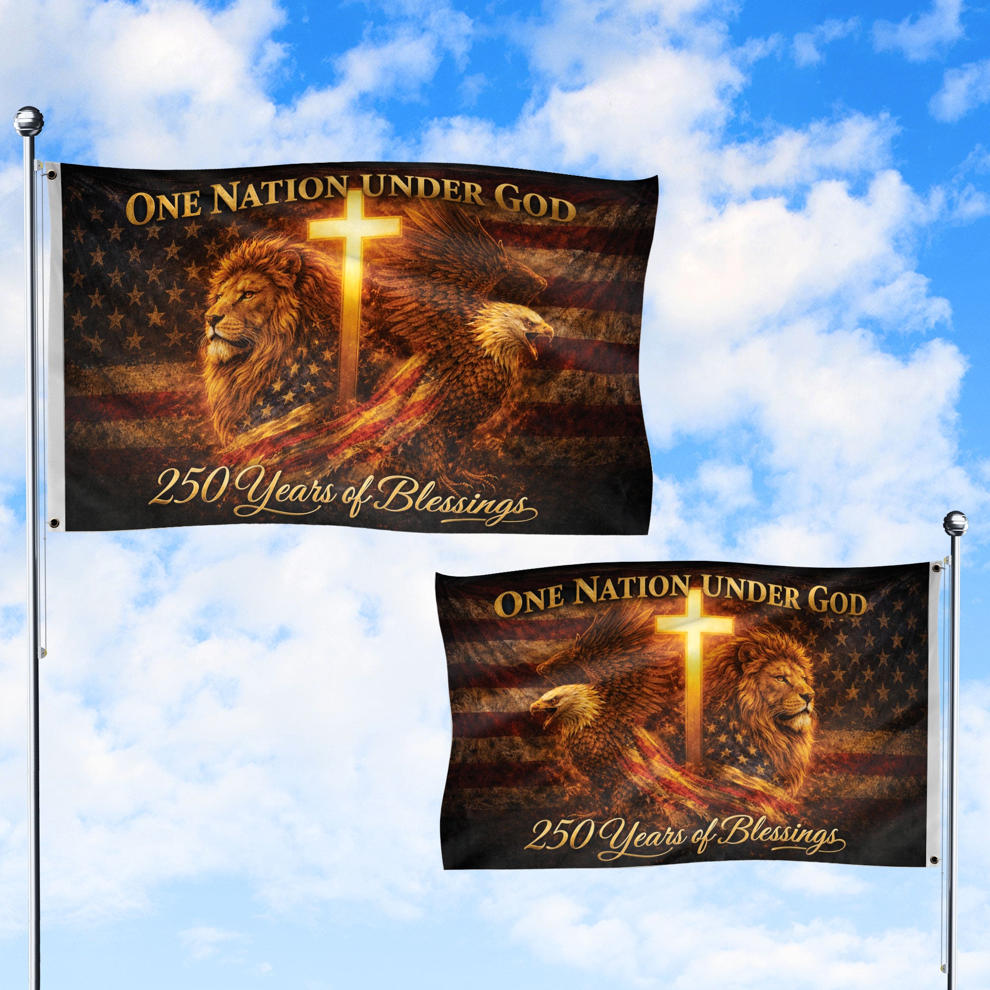 Christian Cross Lion Eagle House Flag 250th Anniversary USA Flag One Nation Under God