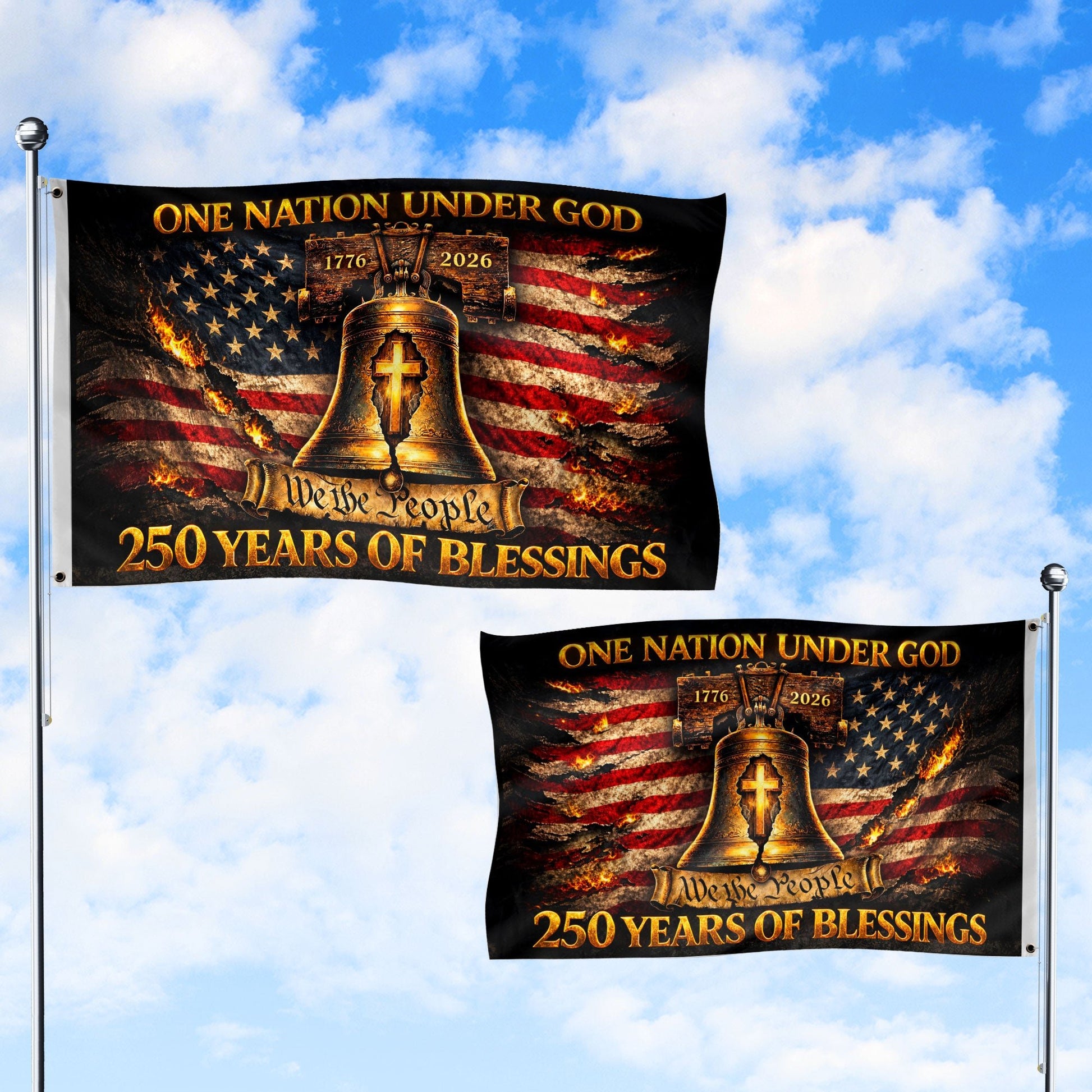 Patriotic Christian House Flag Liberty Bell Cross One Nation Under God We The People - Rust Field Wear