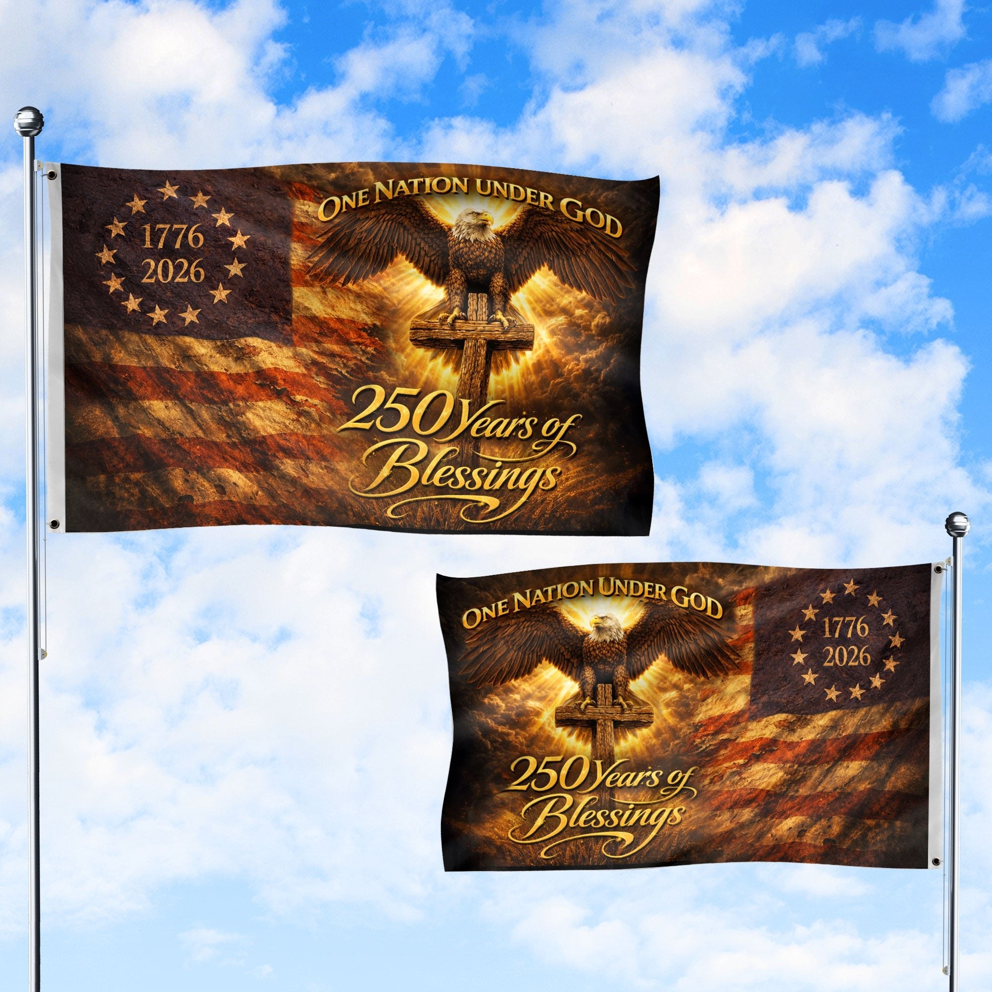 Patriotic Christian House Flag Eagle Cross One Nation Under God 1776–2026 Blessings Decor - Rust Field Wear