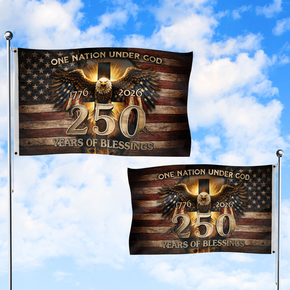 Patriotic Christian House Flag 250th Anniversary USA Flag 1776–2026 One Nation Under God Eagle Cross - Rust Field Wear