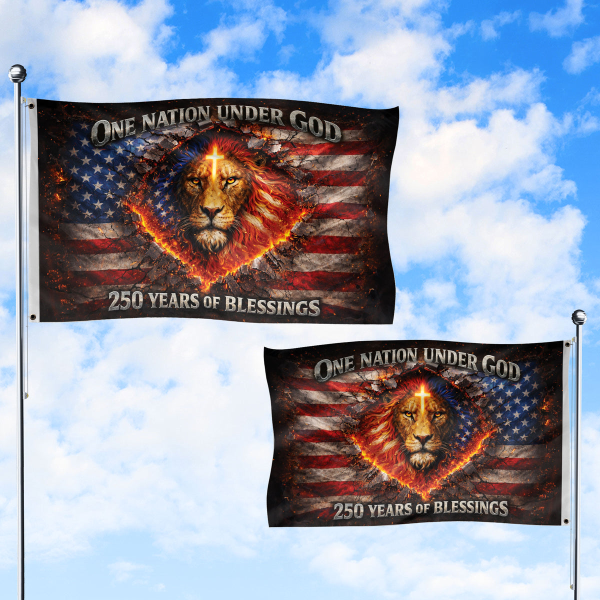 Christian Lion Cross Patriotic House Flag One Nation Under God 250th Anniversary USA Flag 1776–2026 Blessings Design - Rust Field Wear