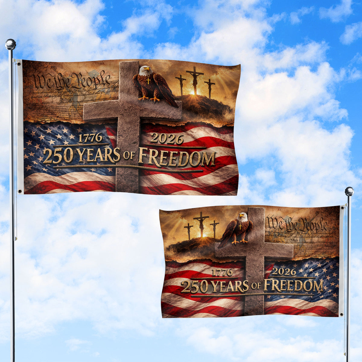 US 250 Years of Freedom Flag 3x5 ft Christian Cross Eagle 1776-2026 Patriotic Banner - Rust Field Wear