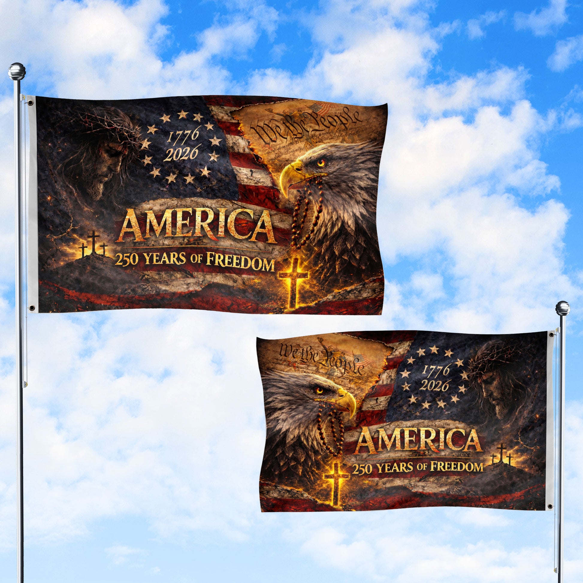 Christian We The People 250th Anniversary USA House Flag Eagle Cross 1776-2026 Patriotic Freedom Banner - Rust Field Wear