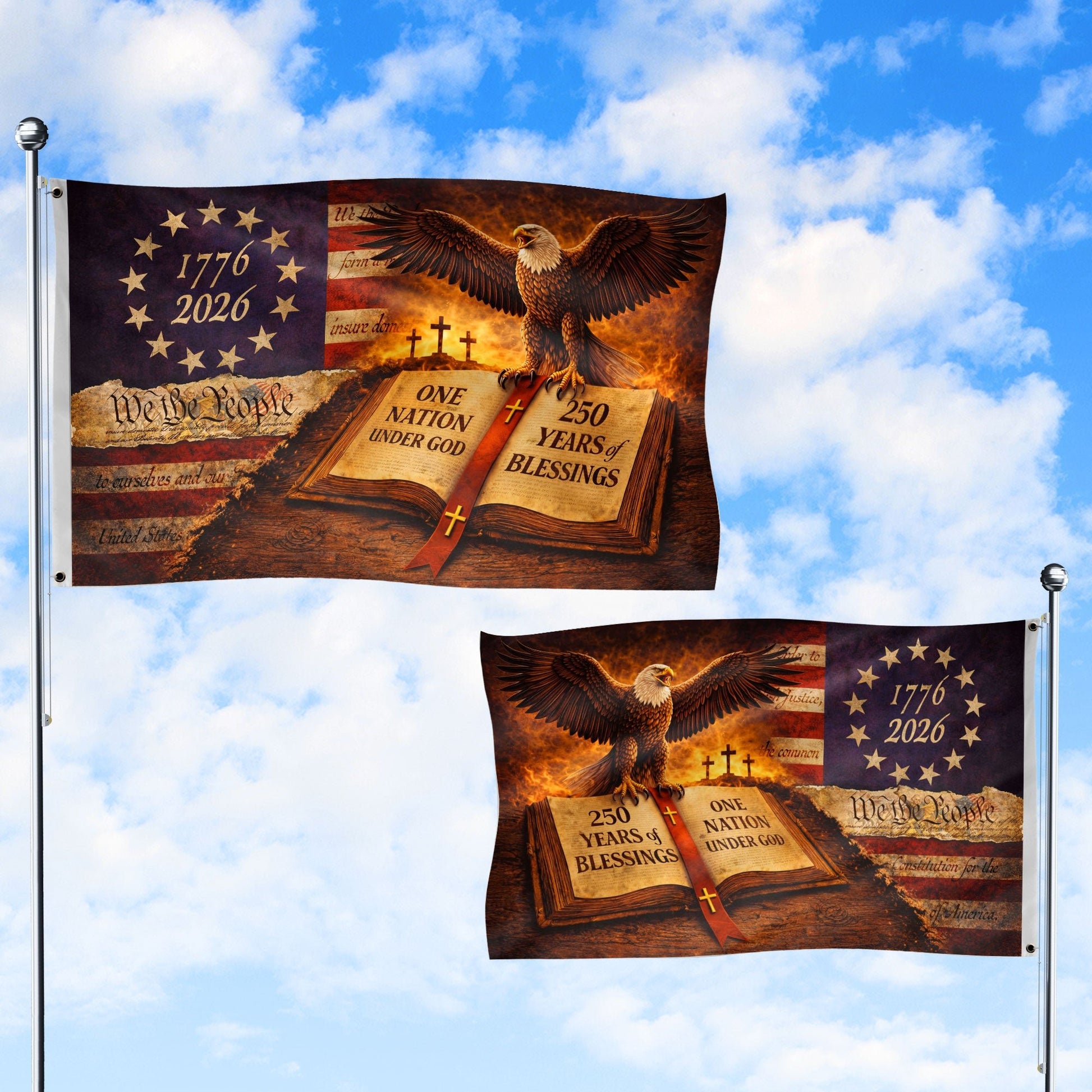 250 Years of Blessings Flag 1776-2026 We The People Bible Christian American Eagle Banner 3x5ft - Rust Field Wear