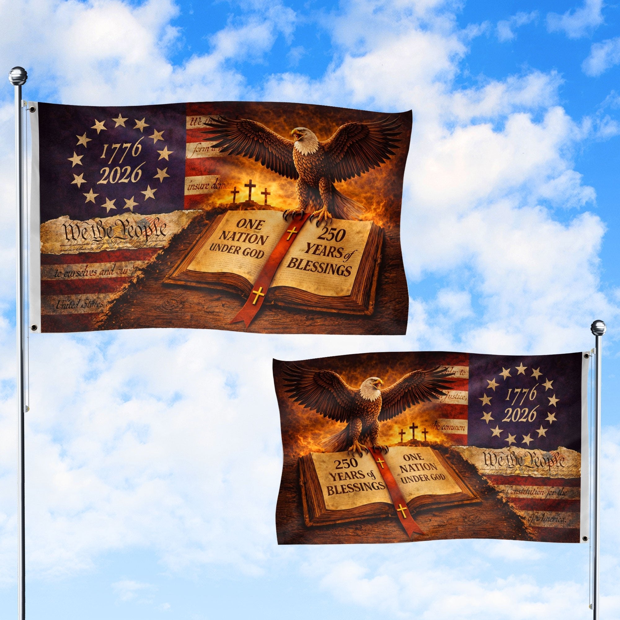 250 Years of Blessings Flag 1776-2026 We The People Bible Christian American Eagle Banner 3x5ft - Rust Field Wear