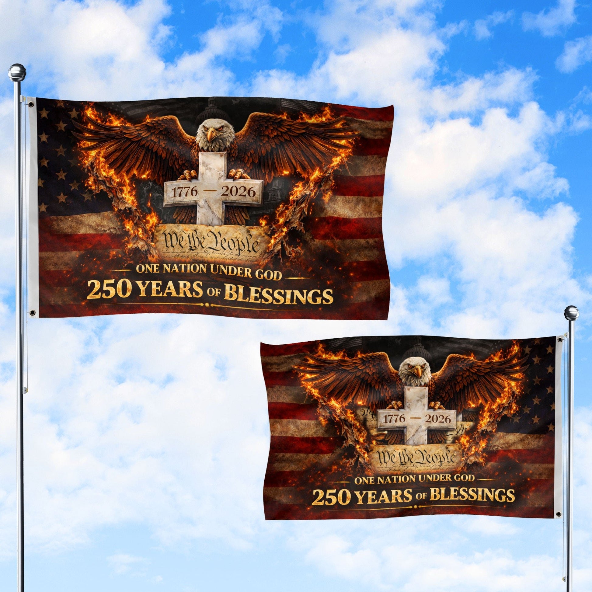 250 Years of Blessings Flag 1776-2026 We The People Christian Eagle Cross USA Banner 3x5ft - Rust Field Wear
