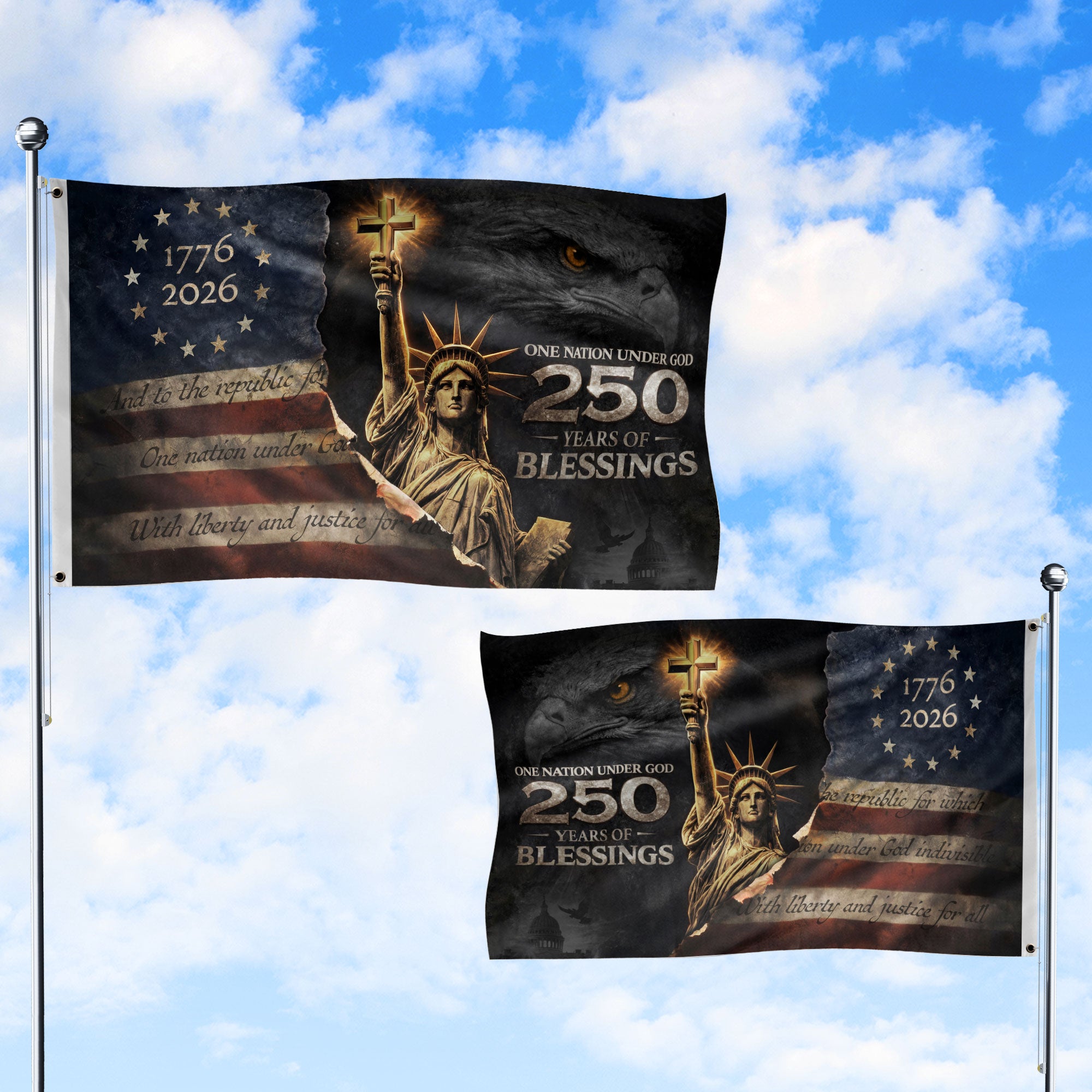 250 Years of Blessings Flag 1776-2026 Statue of Liberty Cross Christian Eagle Banner 3x5ft - Rust Field Wear
