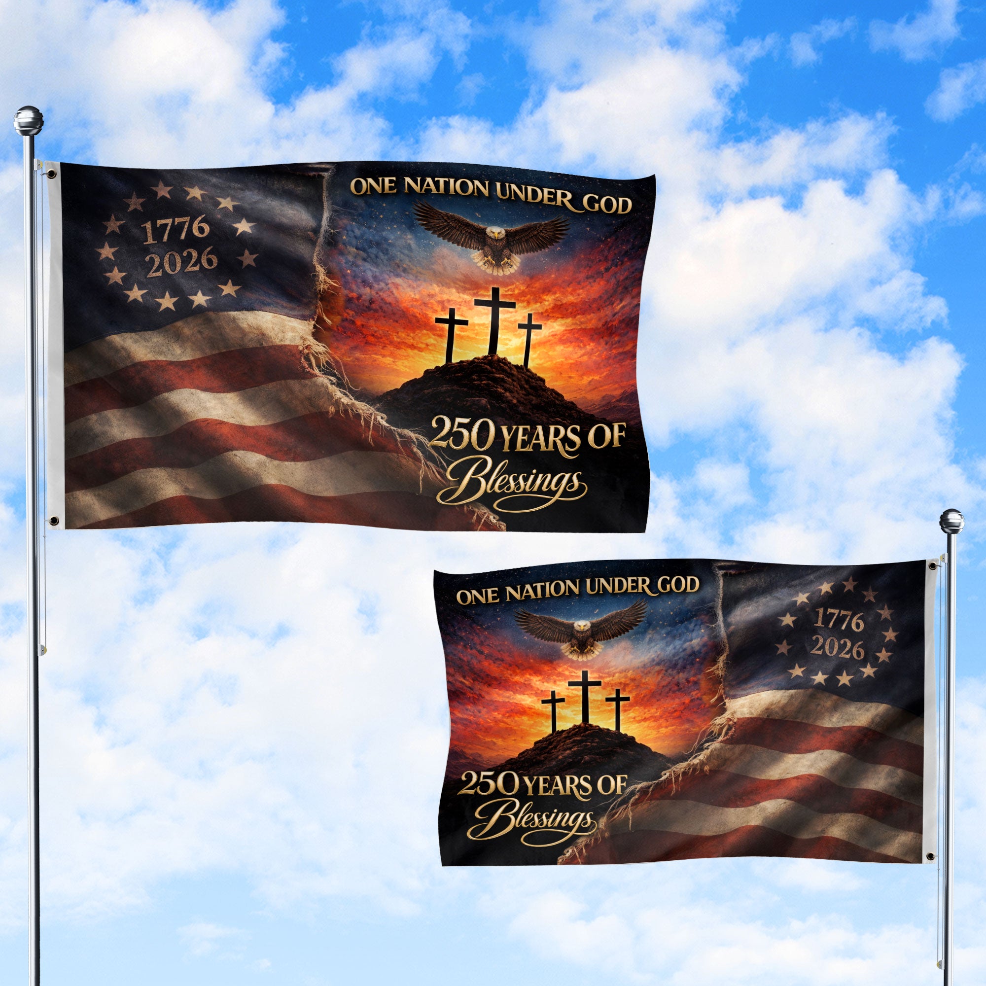 250th Anniversary USA Christian House Flag Three Crosses One Nation Under God Decor - Rust Field Wear