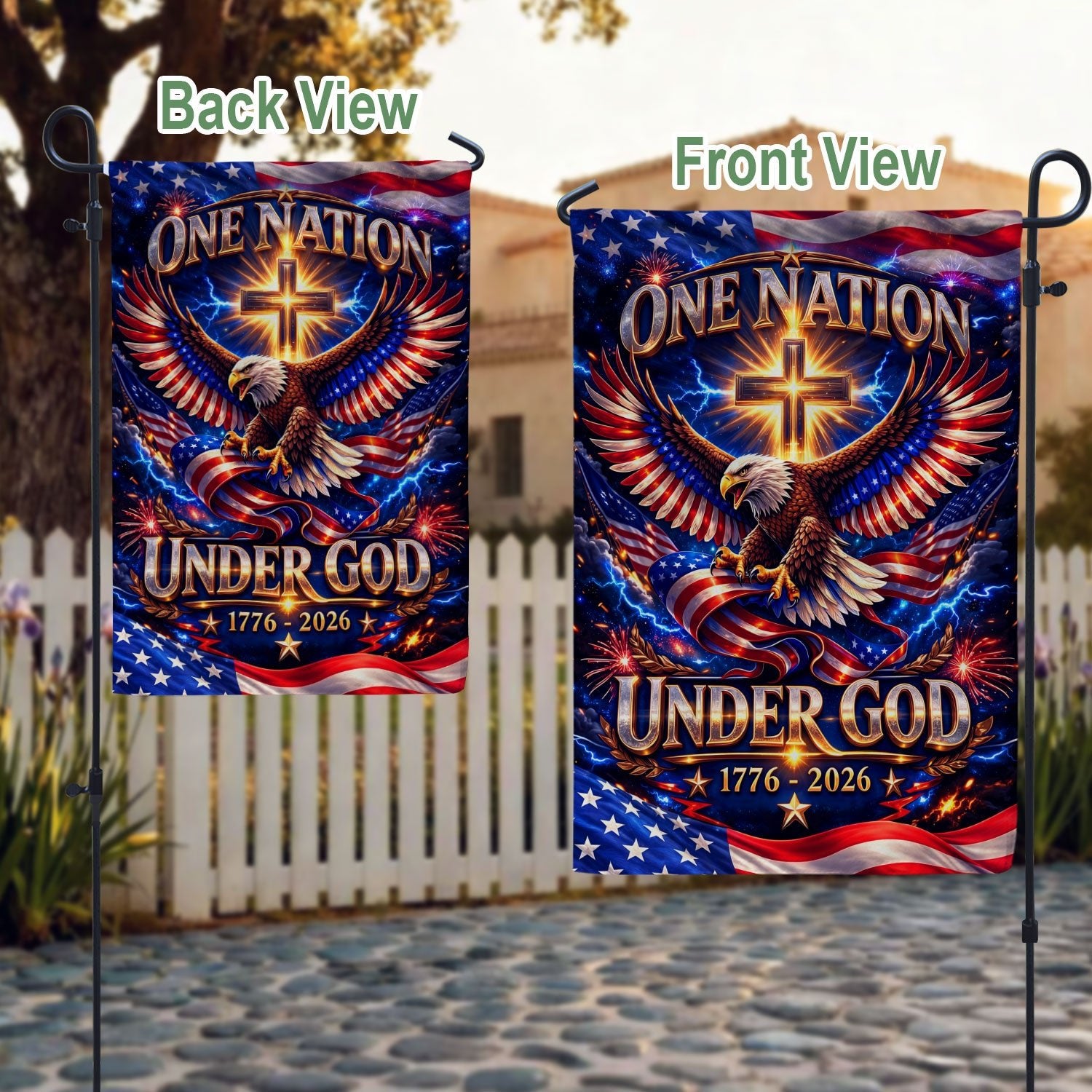 Christian One Nation Under God 250th Anniversary USA House Flag 1776–2026 Eagle Cross Patriotic Faith Banner - Rust Field Wear