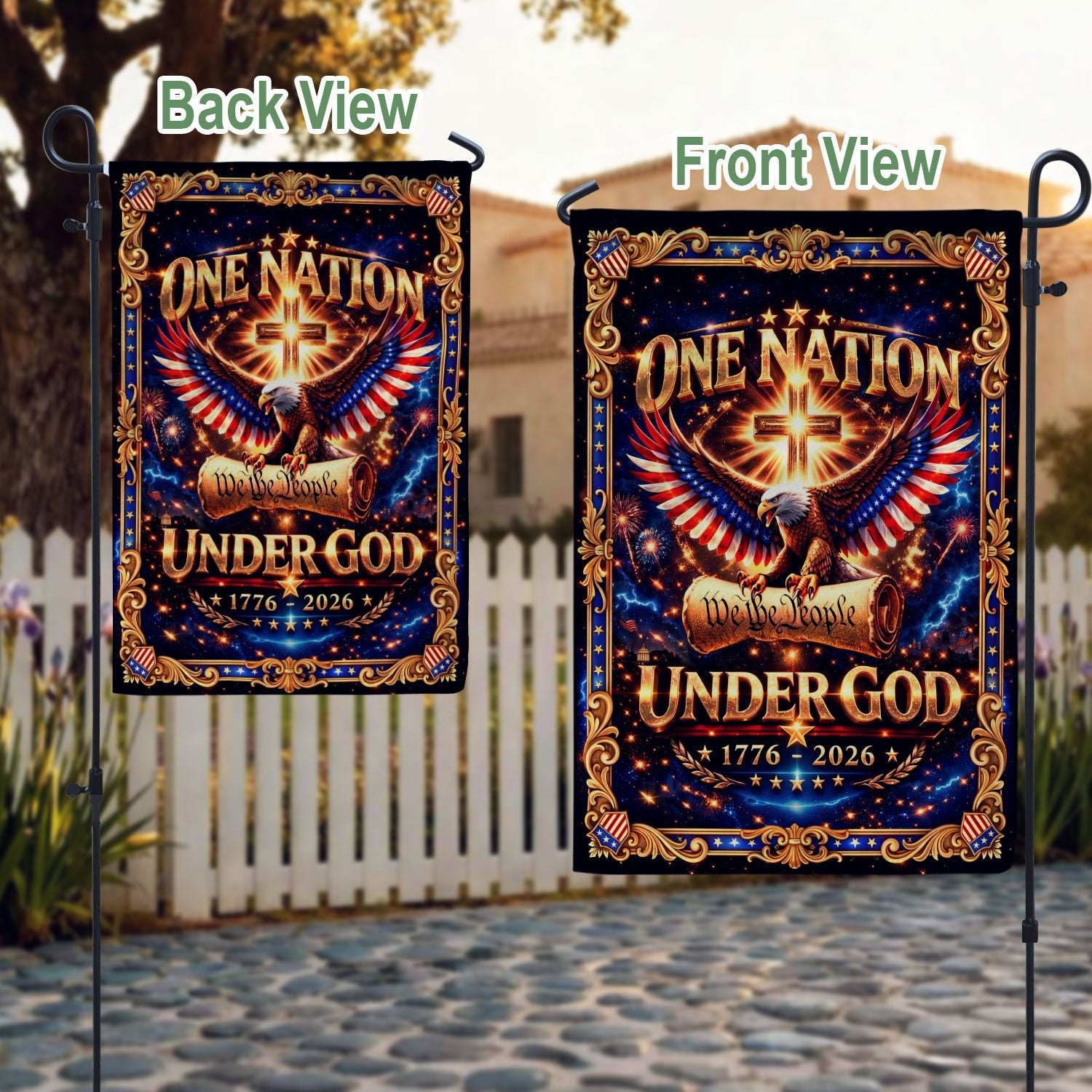 Christian We The People One Nation Under God 250th Anniversary USA House Flag 1776–2026 Eagle Cross Patriotic Design - Rust Field Wear