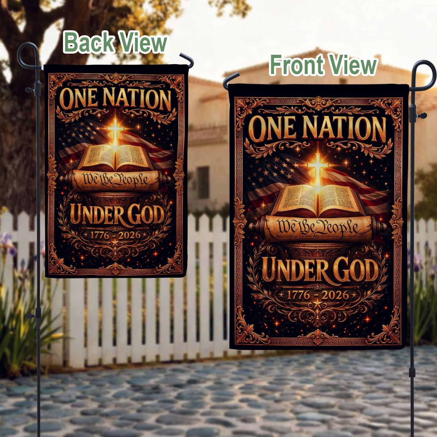 Christian One Nation Under God We The People 250th Anniversary USA House Flag 1776–2026 Bible Cross Patriotic Banner - Rust Field Wear