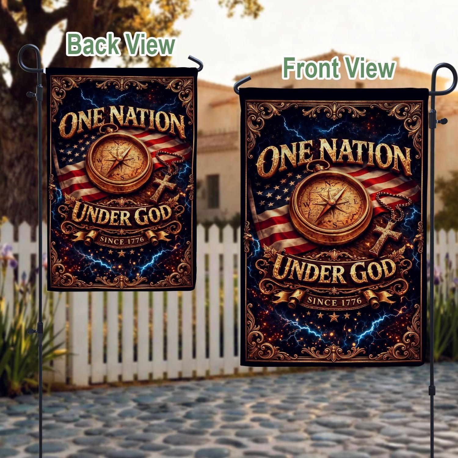 Christian One Nation Under God Since 1776 250th Anniversary USA House Flag Compass Cross Patriotic Faith Design - Rust Field Wear