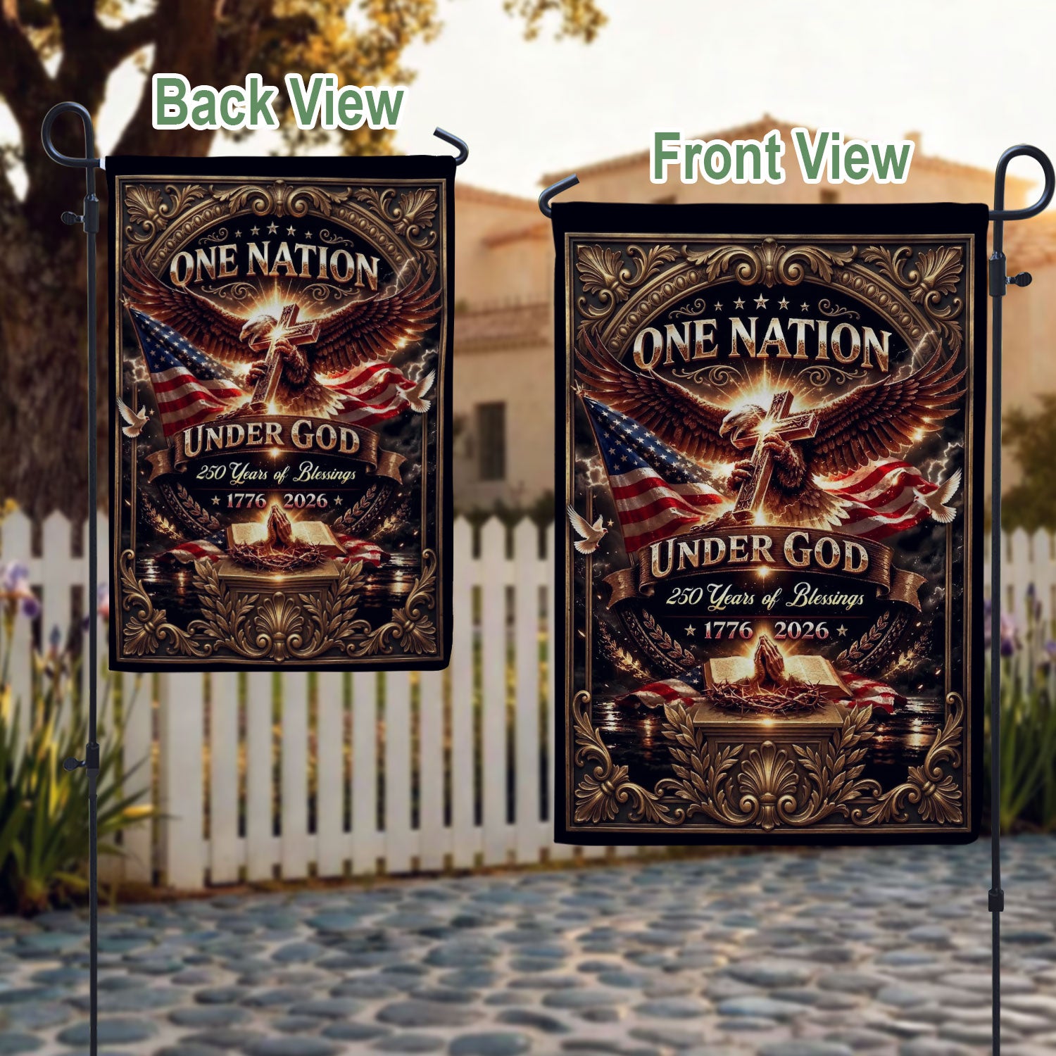 Christian One Nation Under God 250 Years of Blessings USA House Flag 1776–2026 Eagle Cross Patriotic Faith Banner - Rust Field Wear