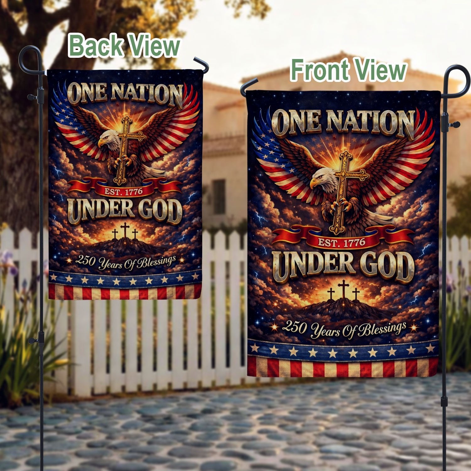Christian One Nation Under God 250th Anniversary USA Garden Flag 1776–2026 Eagle Cross Faith Patriotic Design - Rust Field Wear